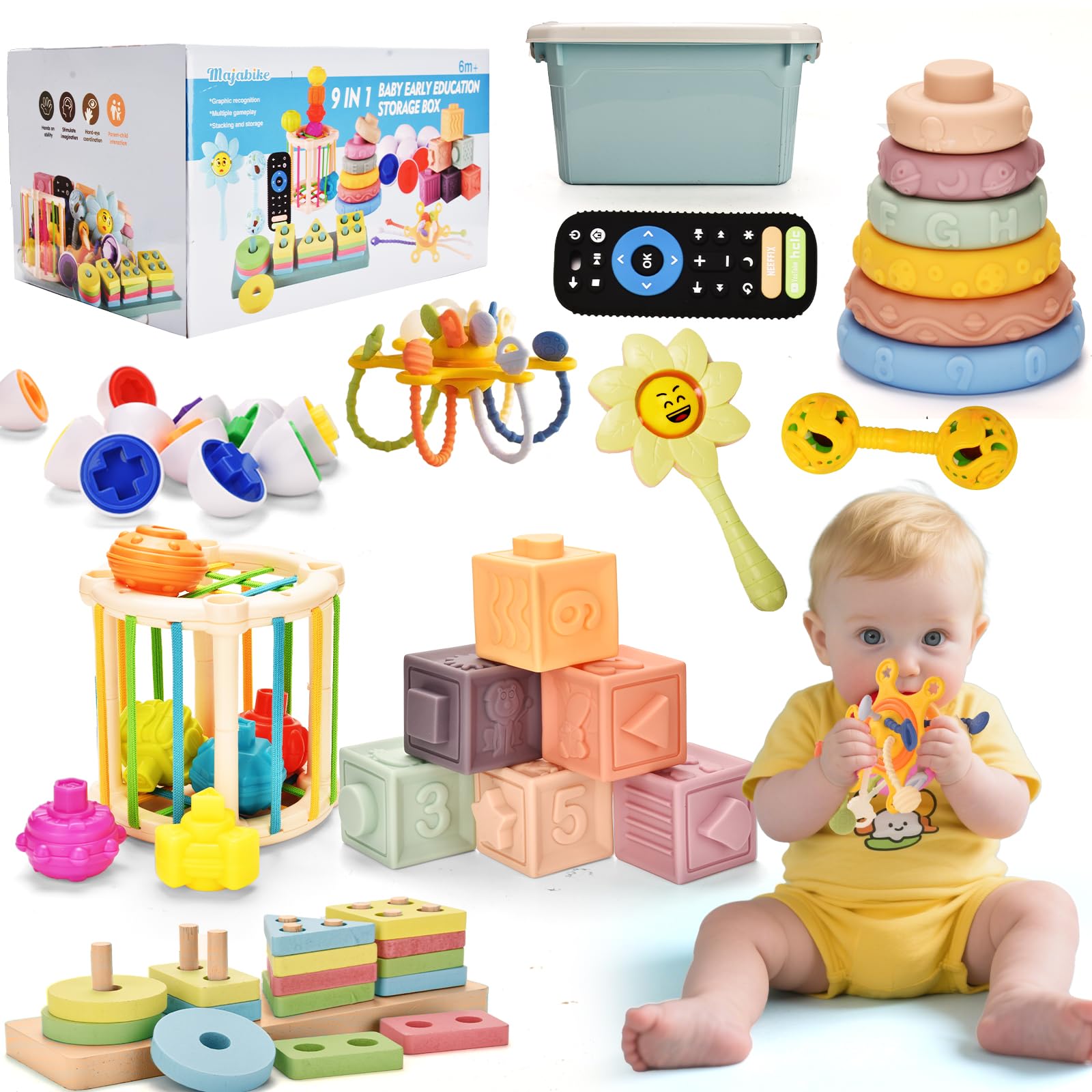 Juguetes Montessori para bebés de 6 a 12 Meses, para 9 en 1, Juguetes para niños pequeños, Bloques de construcción educativos para niños de 1 año, sensoriales para bebés