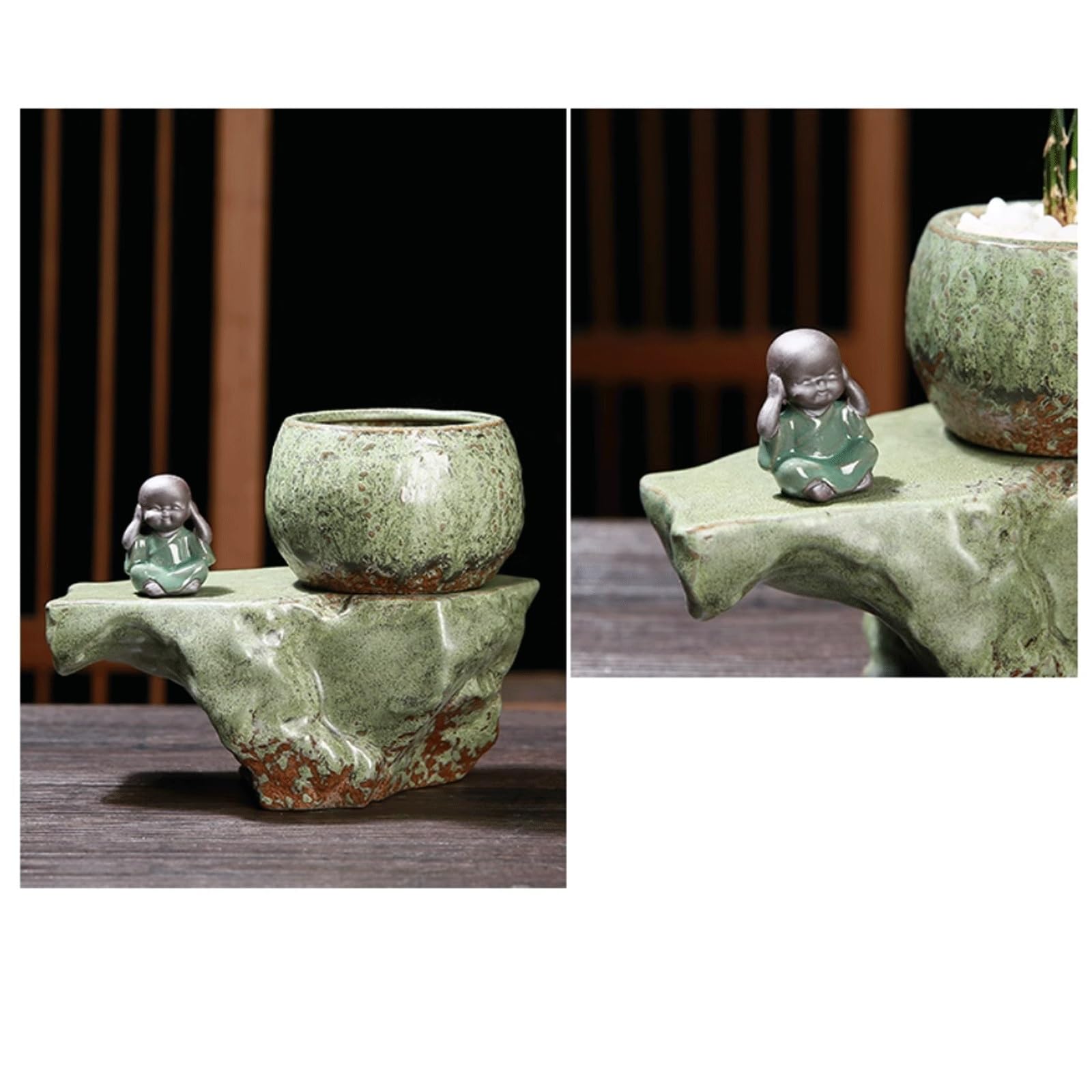 Dekoracyjna samonawadniająca ceramiczna donica z figurką kochającą rośliny, mały mnich, glazurowana doniczka na sukulenty, głęboki zbiornik na wodę, doniczka Zen na chiński stół, taras (zielona)