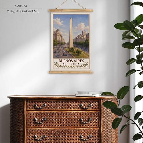 Miniatura 6 de Buenos Aires Argentina - Póster artístico de pared, impresión vintage de viaje con monumento a Obelisco, rollo colgante de lienzo de lino con marco