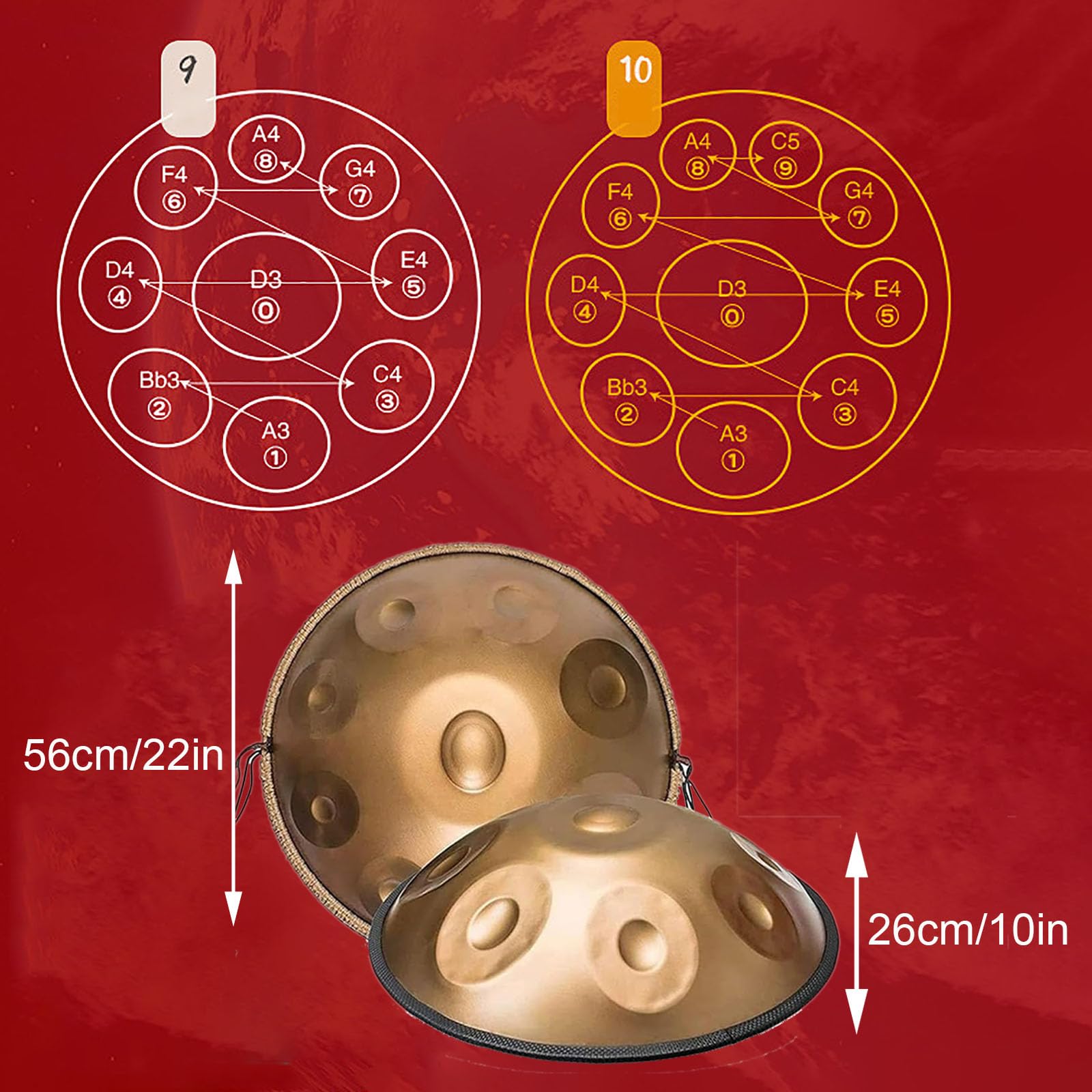 Tambours En Acier, Tambour Tambourin Harmonique Handpan, Tambour Handpan En Ré Mineur 9/10/12 Notes Tambour à Main En Acier de 22 Pouces, Instrument Avec Sac, Maillets, Support et Chiffon 10-Notes