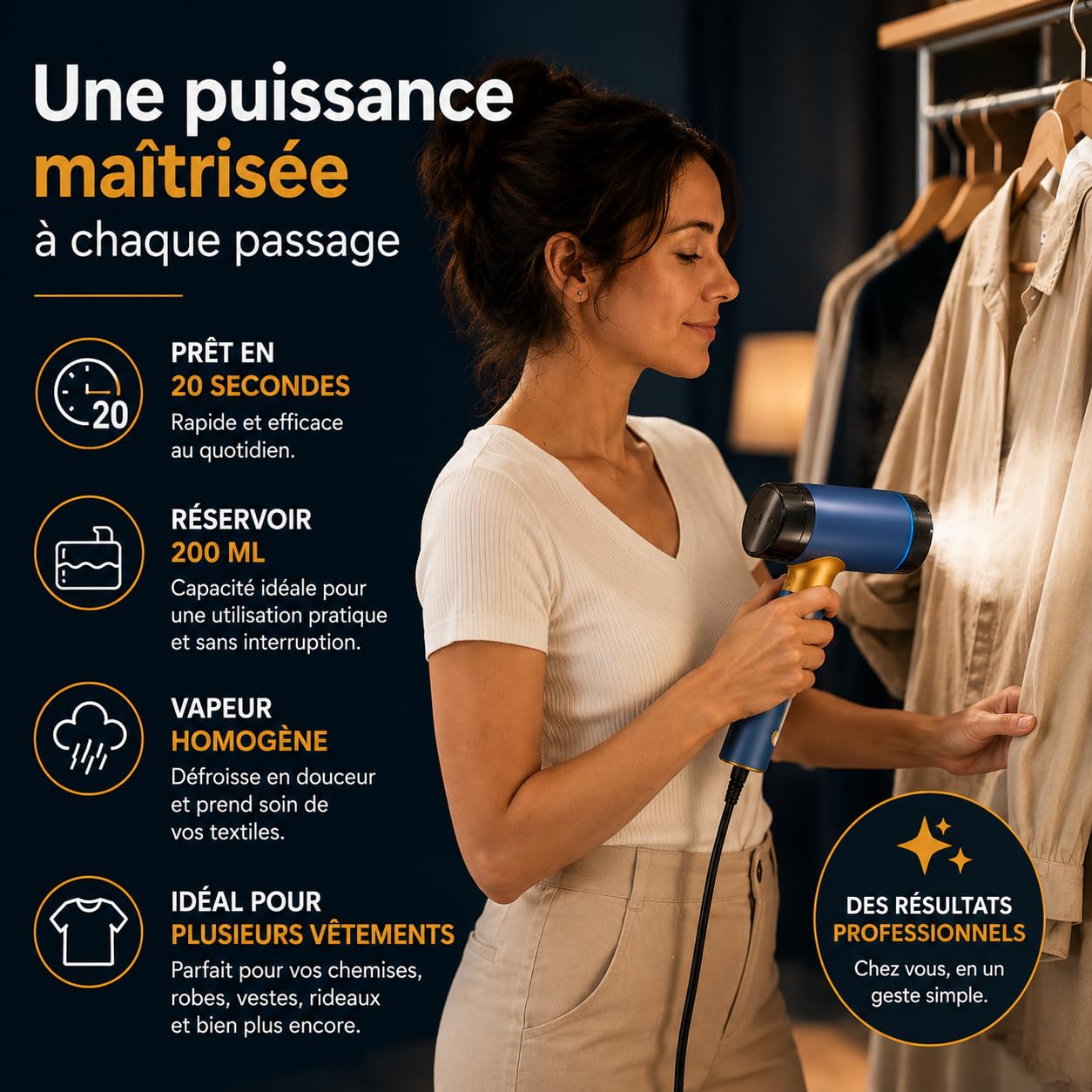 MISTIC Defroisseur Vapeur à Main Pliable, Steamer 1000W Portable pour Maison & Voyage, Defroisseur Vetement Prêt en 20s, Réservoir Amovible 200 ml, Câble long 2,5 m, Lumière LED, Brosse Clipsable