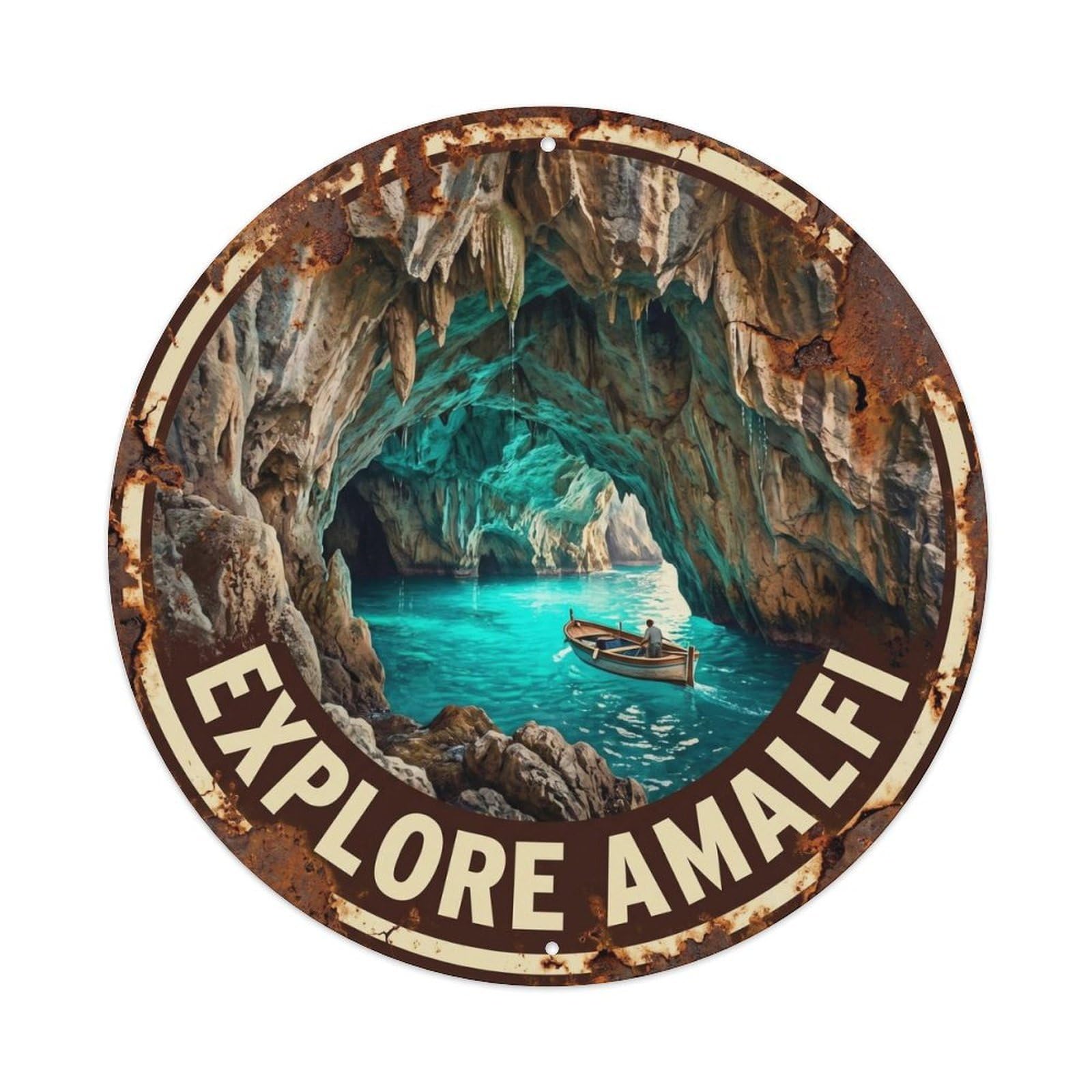 Retro Amalfi Sea Cave Grotto Coastal Village Panorama Metal Tin Sign Plaque Wall Decor for Cafe, Man Cave, Club Bar, Office, Home Garden Round Metal Poster 8x8Inch