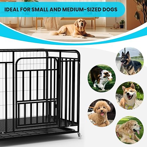 Miniatura 8 de Jaula grande para perros de doble puerta de 42 pulgadas, jaula para perros indestructible, a prueba de escapes, jaula de metal resistente con polea,