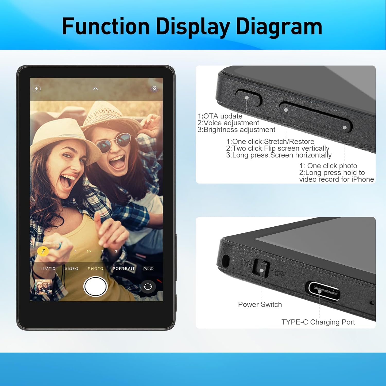 Touch Control Selfie Monitor Screen for iPhone & Android, 4" Magnetic Back Camera Monitor, Low Latency Wireless Display, 3-Level Brightness, 1500mAh for Vlog TikTok YouTube Creators (Black)