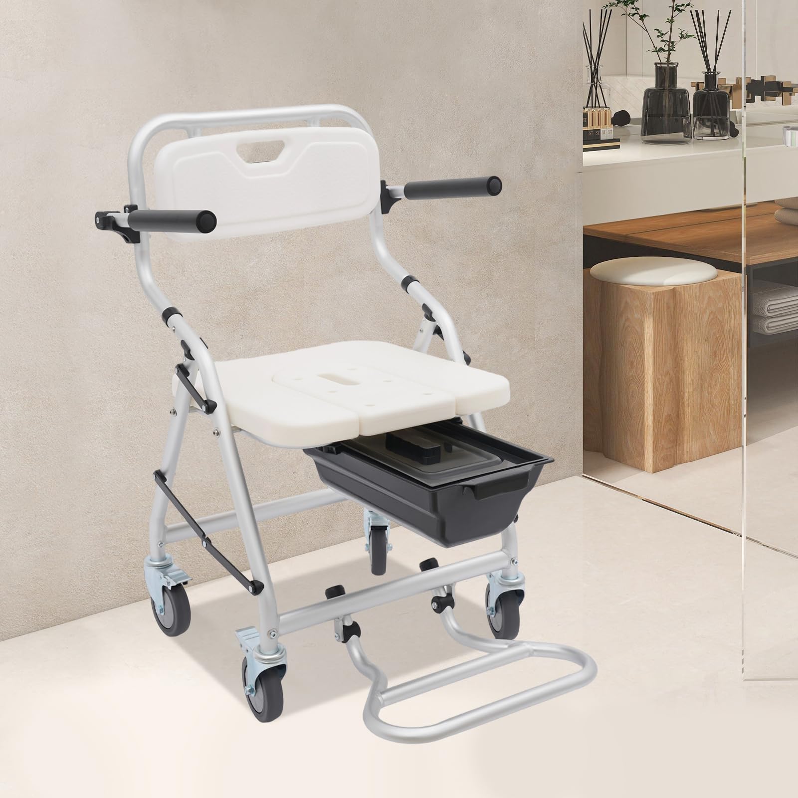 Taburete de ducha plegable de aleación de aluminio con 4 ruedas universales, silla de ducha con cubo de inodoro, silla de ducha con reposabrazos para personas mayores, discapacitados