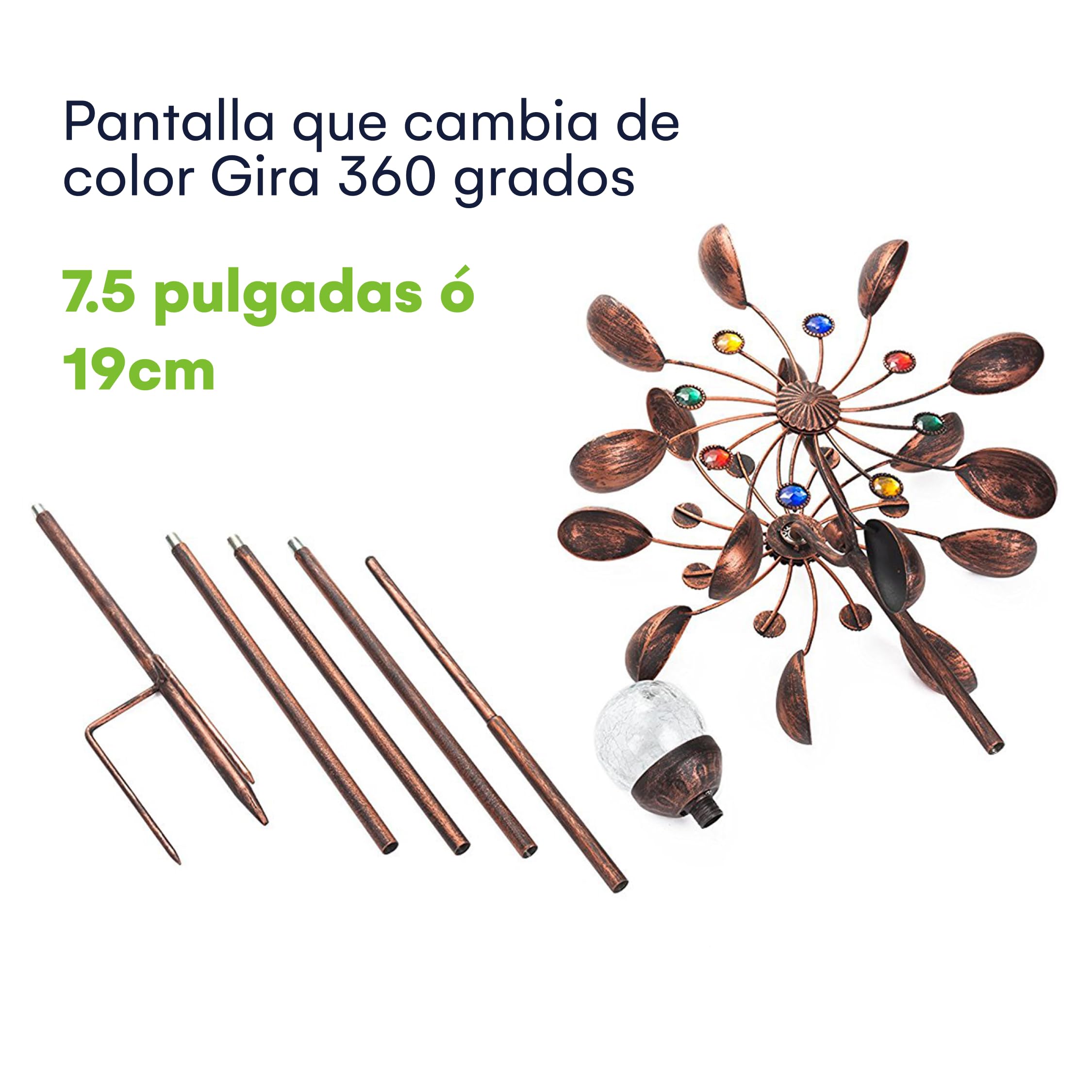 Molinillo de Viento Solar de 75 Pulgadas - Adorno de jardín con LED Que Cambia de Color, Bronce Antiguo y Doble dirección de Movimiento para césped, Patio y jardín con Estabilidad de por Vida