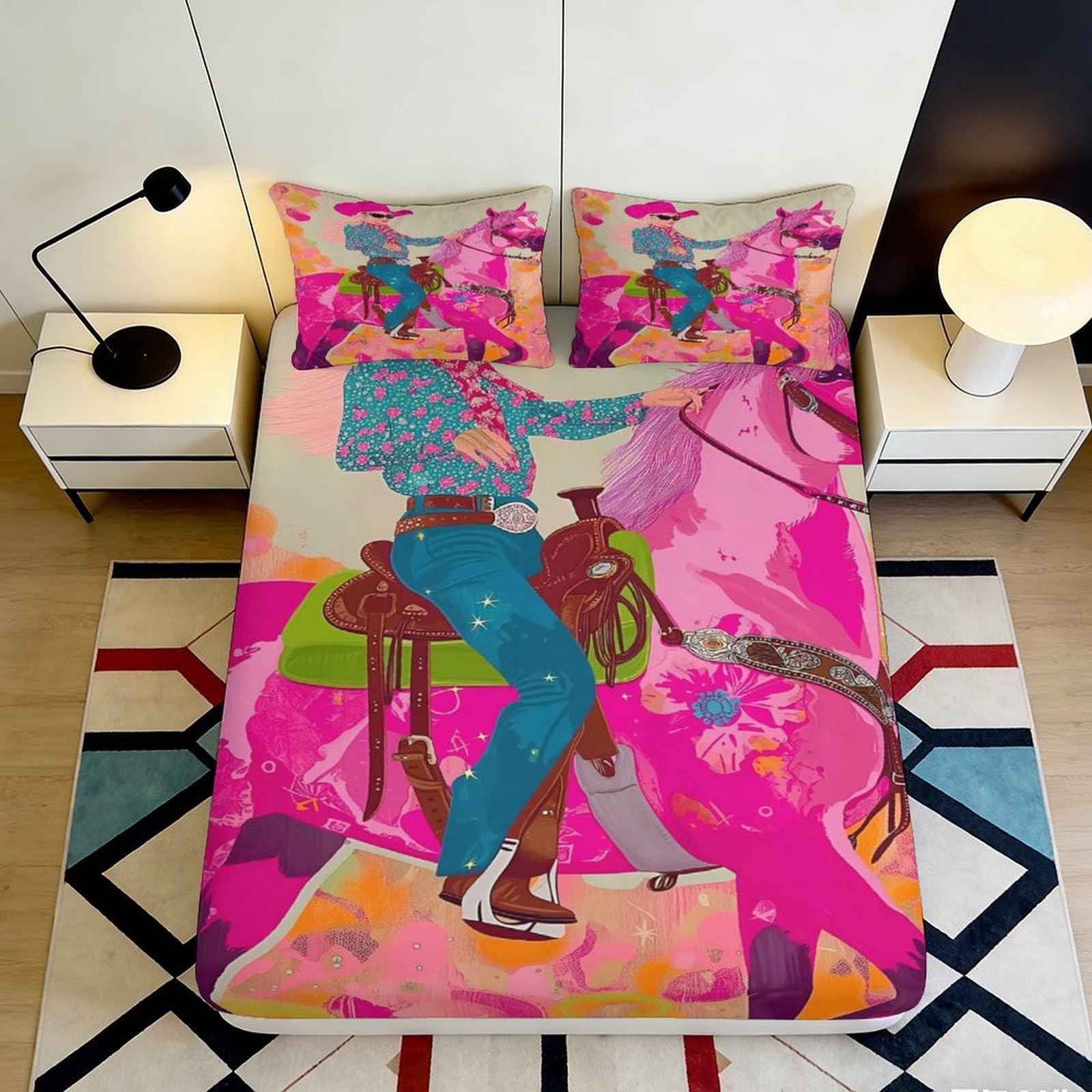 3D Printed Cowboy Horse Fitted Sheet Microfiber Bright Pink Western Mattress Cover for Bedroom Dorm Room Décor 120x200x25cm