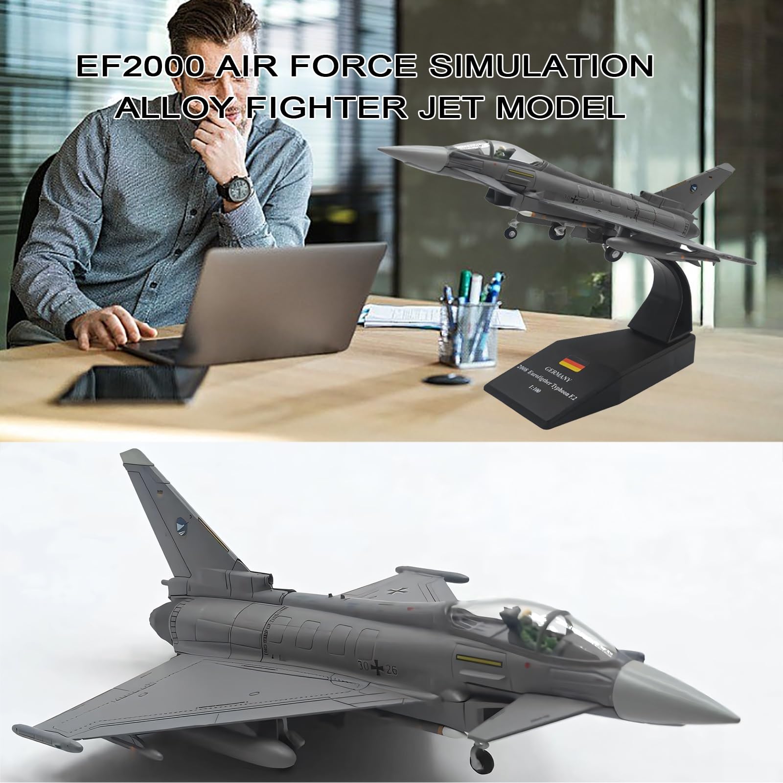 Model samolotu odlewanego ciśnieniowo niemiecki symulowany stop metalu Eurofighter Typhoon EF2000 skala 1/100 z ekspozytorem, akcesoria kolekcjonerskie, pamiątka do dekoracji
