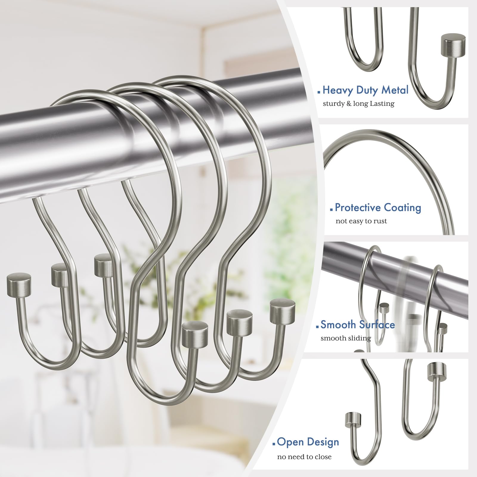 Bathway Lot de 24 crochets de rideau de douche en nickel avec design cylindrique, crochets de rideau de douche en métal antirouille, à glissement lisse, anneaux doubles pour rideau de douche