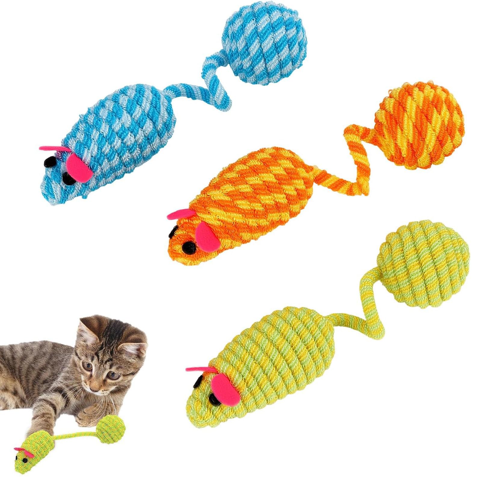 BOFYTR Kitten Toys for Indoor Cats, Interactive Cat Toy with Colourful Woven Mice, Cat Mouse Toy for Solo Play and Multi-Cat Interaction, Set of Three Mice Measuring 20 Cm by 5 Cm