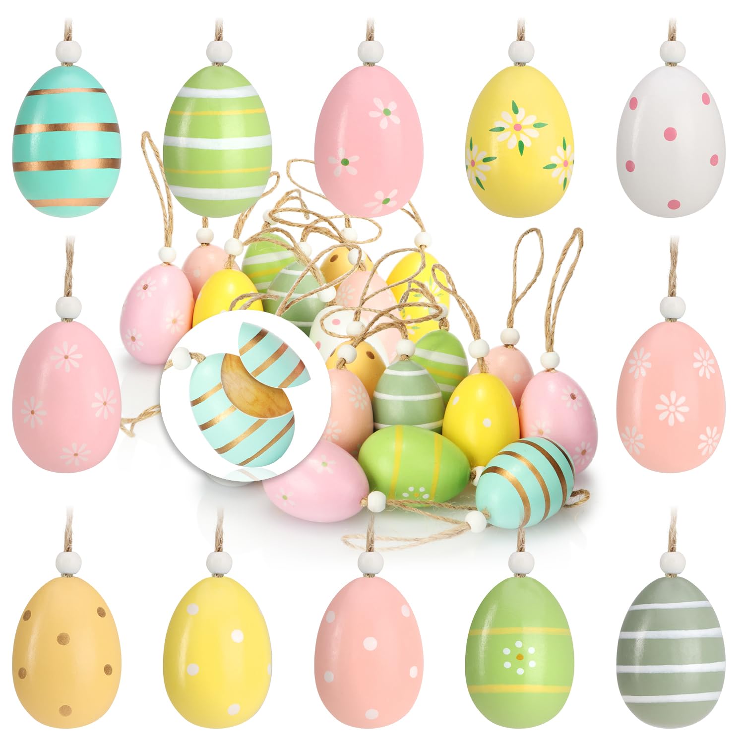com-four® 24x Ostereier zum Aufhängen - Osterdeko aus Holz in tollen Farben - Deko Ostereier mit schönen Mustern