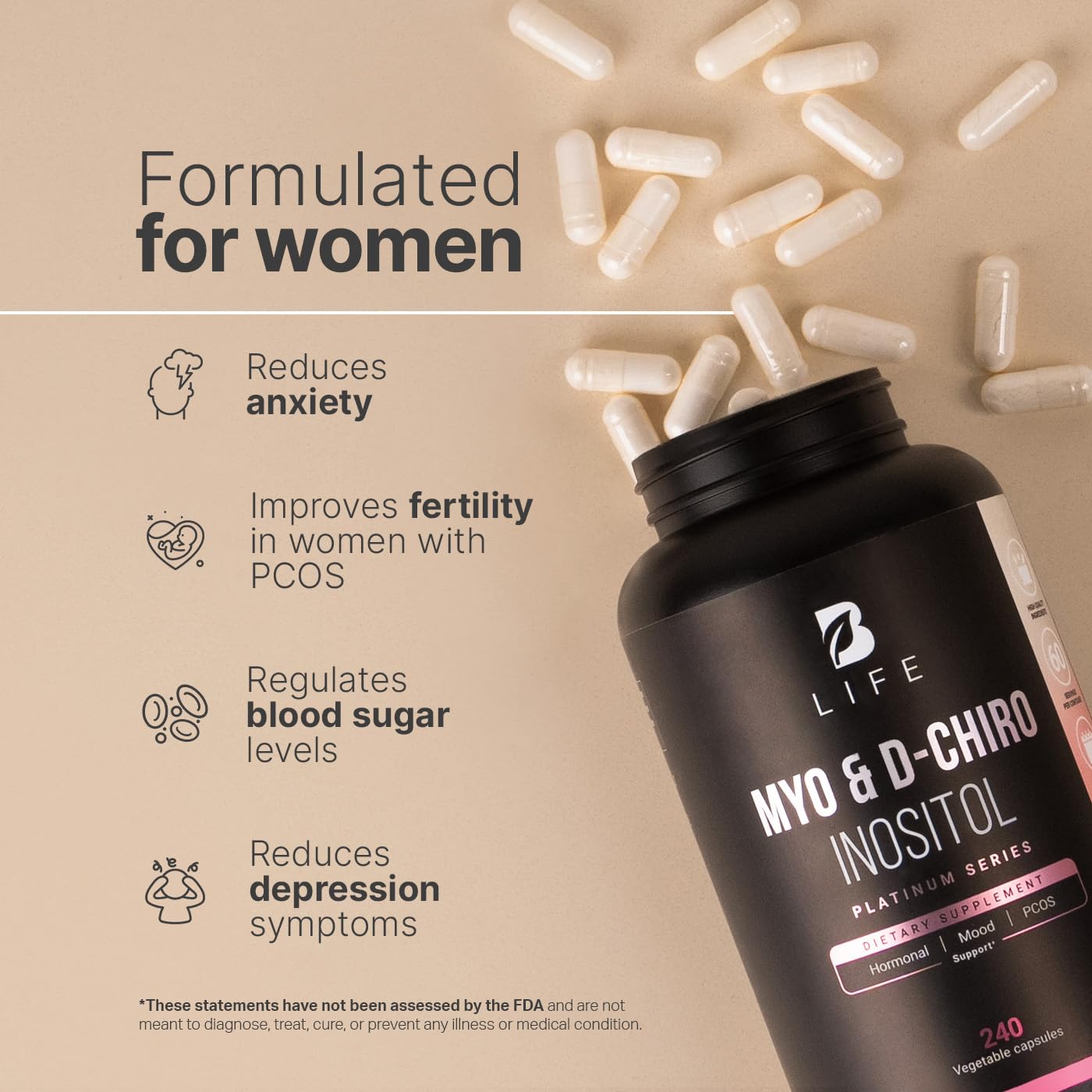 Myo-Inositol & D-Chiro Inositol by B Life - 240 Capsules | Made in USA | 40:1 Ratio | Vitamin B8 Supplement image_3