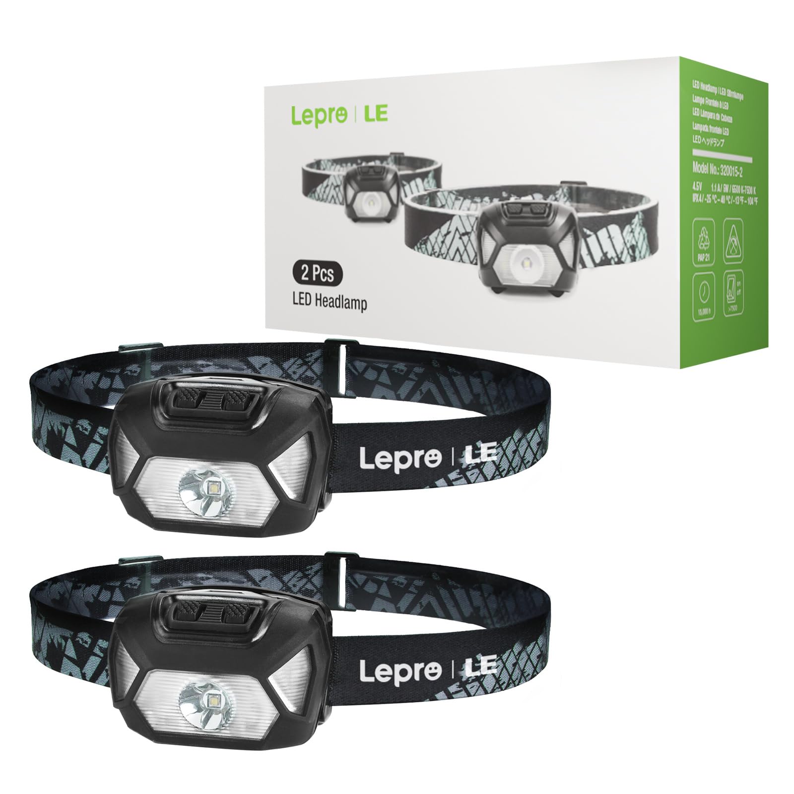 Lepro Headlamp 2-Pack, 1300 Lux Ultra-Light Bright LED Headlights with White Red Light, 6 Modes Battery-Operated Lightweight Waterproof Head Flashlight for Camping Running Cycling Emergency