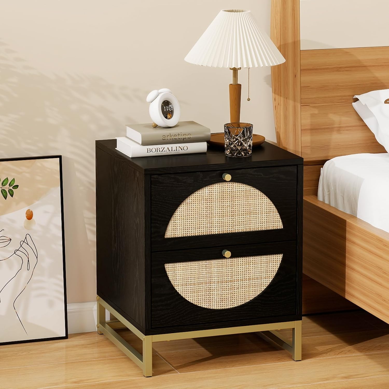 Rattan Nightstand with 2 Drawers, Boho Bedside Table with Metal Legs, Wood Side Table for Bedroom & Small Space, Black, 1 PC