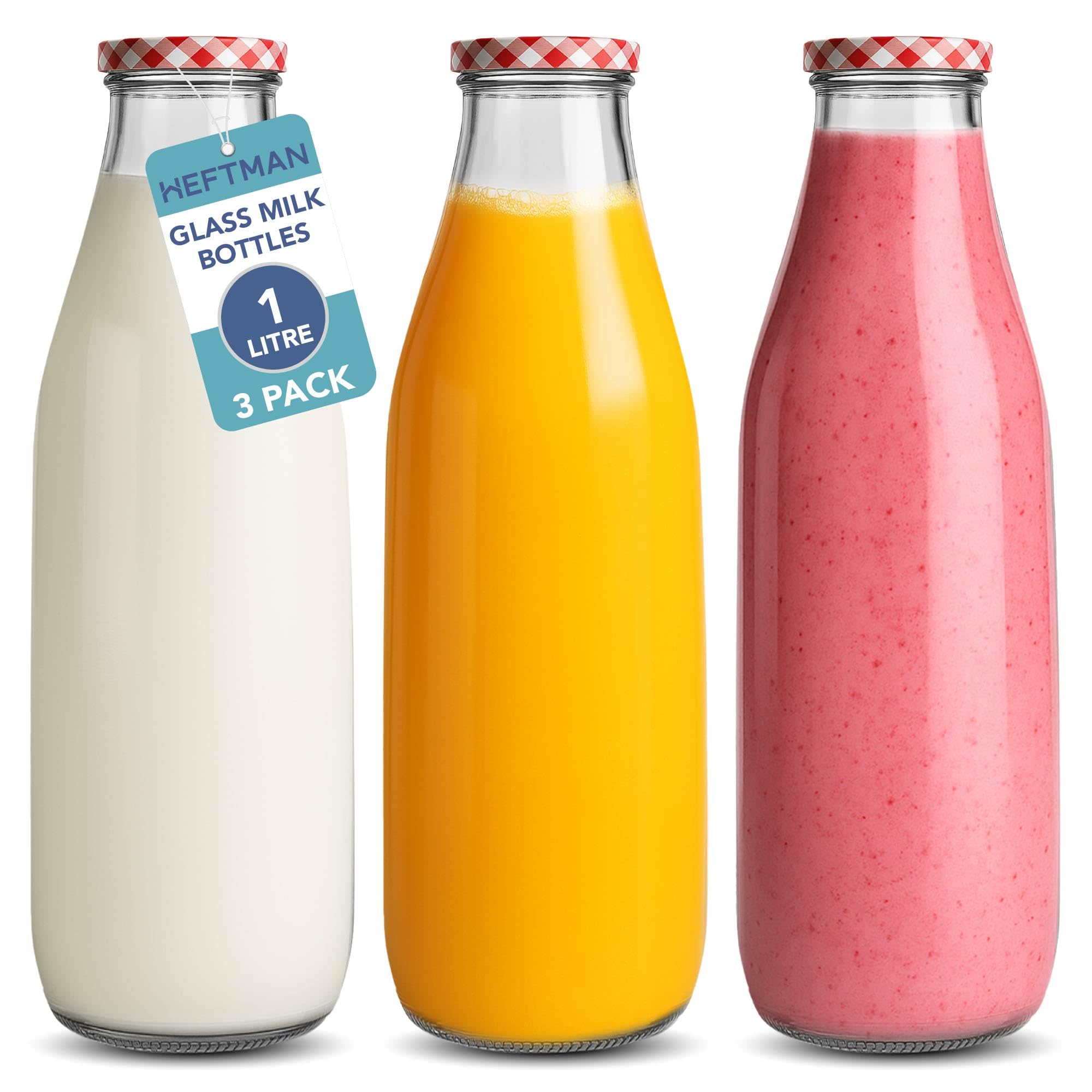 Heftman Clear Glass Milk Bottles With Lids - Empty 1 Litre Set Of 3 Airtight Milk Bottle With Red Gingham Lids For Beverages, Drinks & Décor - Retro Glass Juice Bottles For Weddings, Bbq's & Picnics