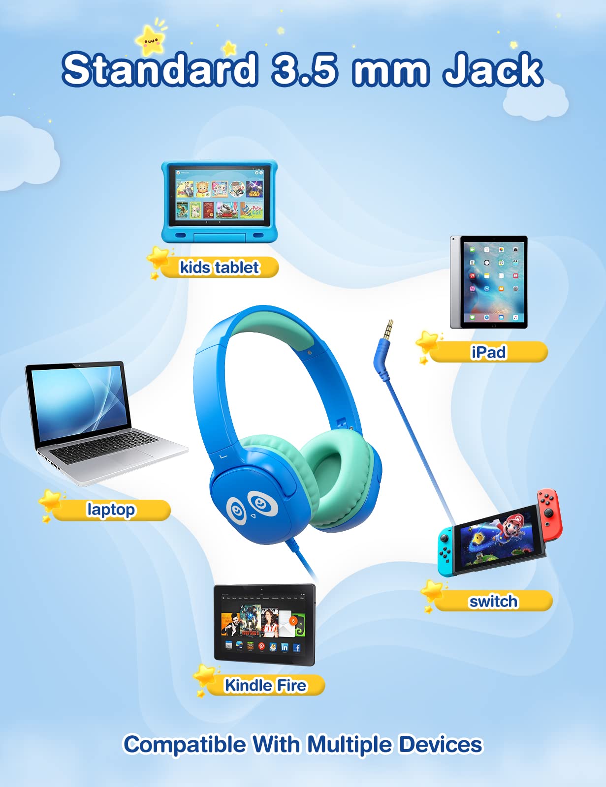 Auriculares para niños con cable, auriculares para niños con micrófono para niños y niñas, volumen limitado de 85 dB/94 dB, auriculares plegables para niños pequeños para escuela, avión, 5