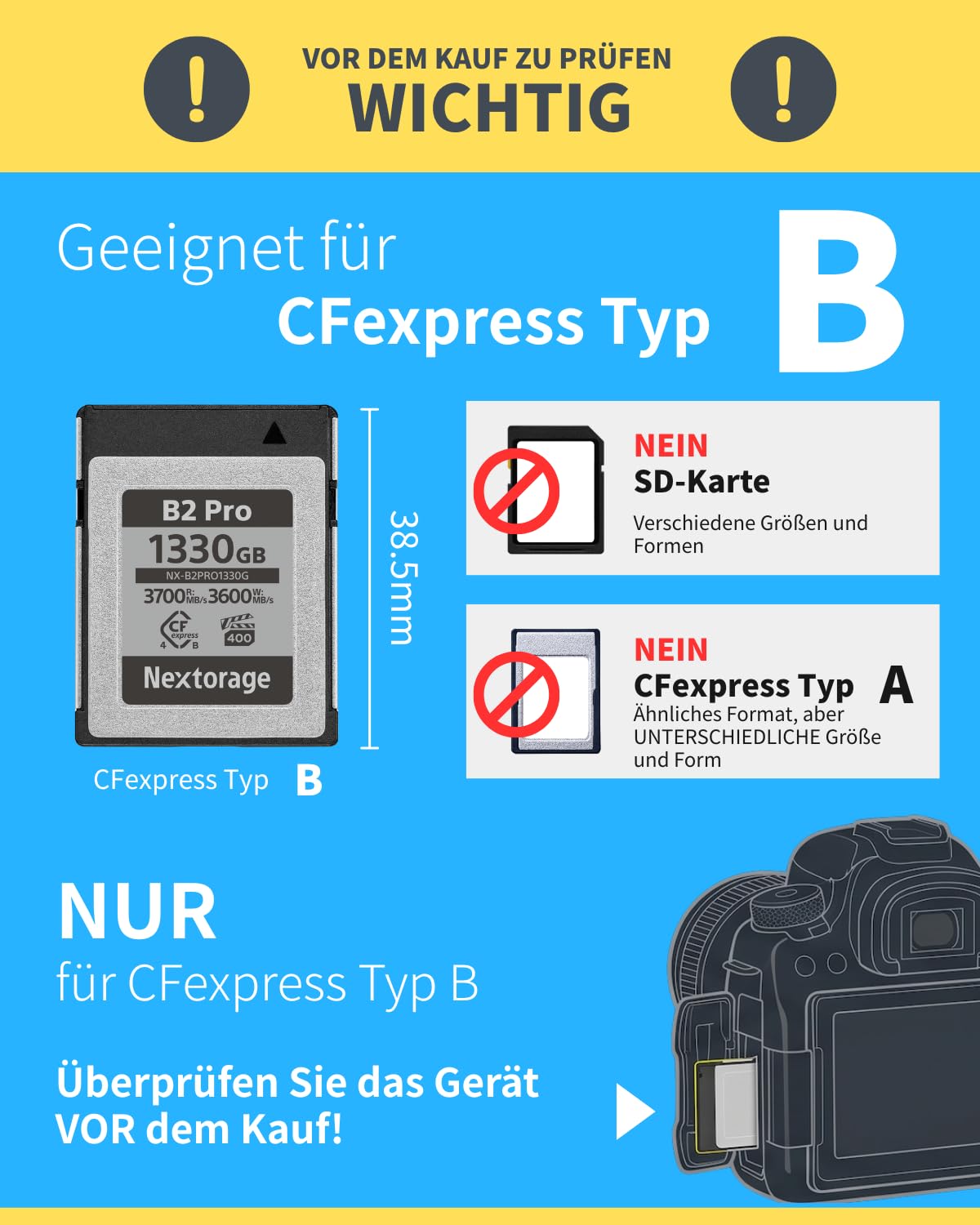 Nextorage Japanischer Hersteller CFexpress 4.0 Typ B 165GB VPG400 Max. Lesegeschwindigkeit 3900 MB/s Max. Schreibgeschwindigkeit 3600 MB/s pSLC 4K/8K Videoaufnahme NX-B2PRO165GB Speicherkarte