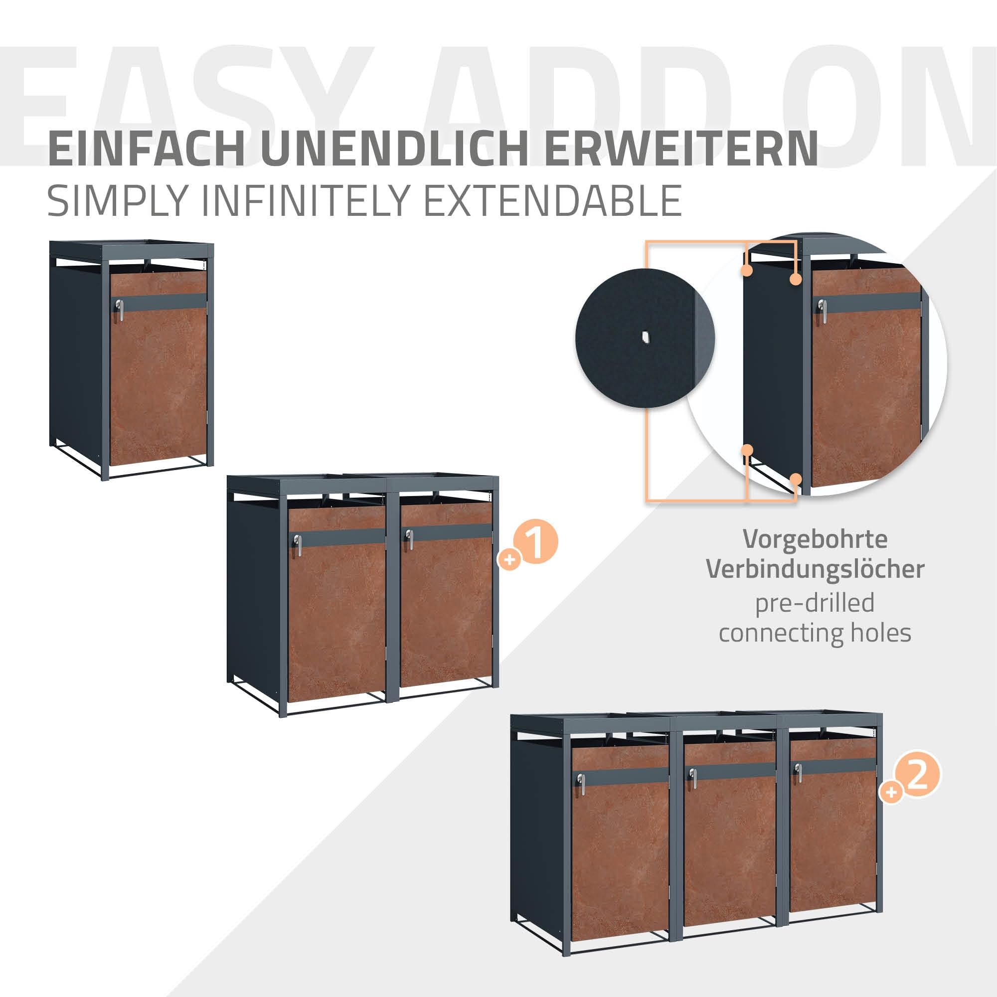 ML-Design Box pour 1 Poubelle avec Toit Végétal, jusqu'à 240L, 68x80x124 cm, en Acier, Anthracite/Aspect Rouillé, Résistant aux Intempéries, Habillage de Poubelle Verrouillable, Conteneur Abri Hangar