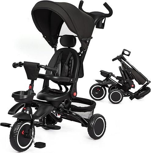 Miniatura 1 de Babevy Triciclo para bebé, bicicleta plegable 7 en 1 con mango de empuje ajustable extraíble, toldo, asiento giratorio, arnés de seguridad,