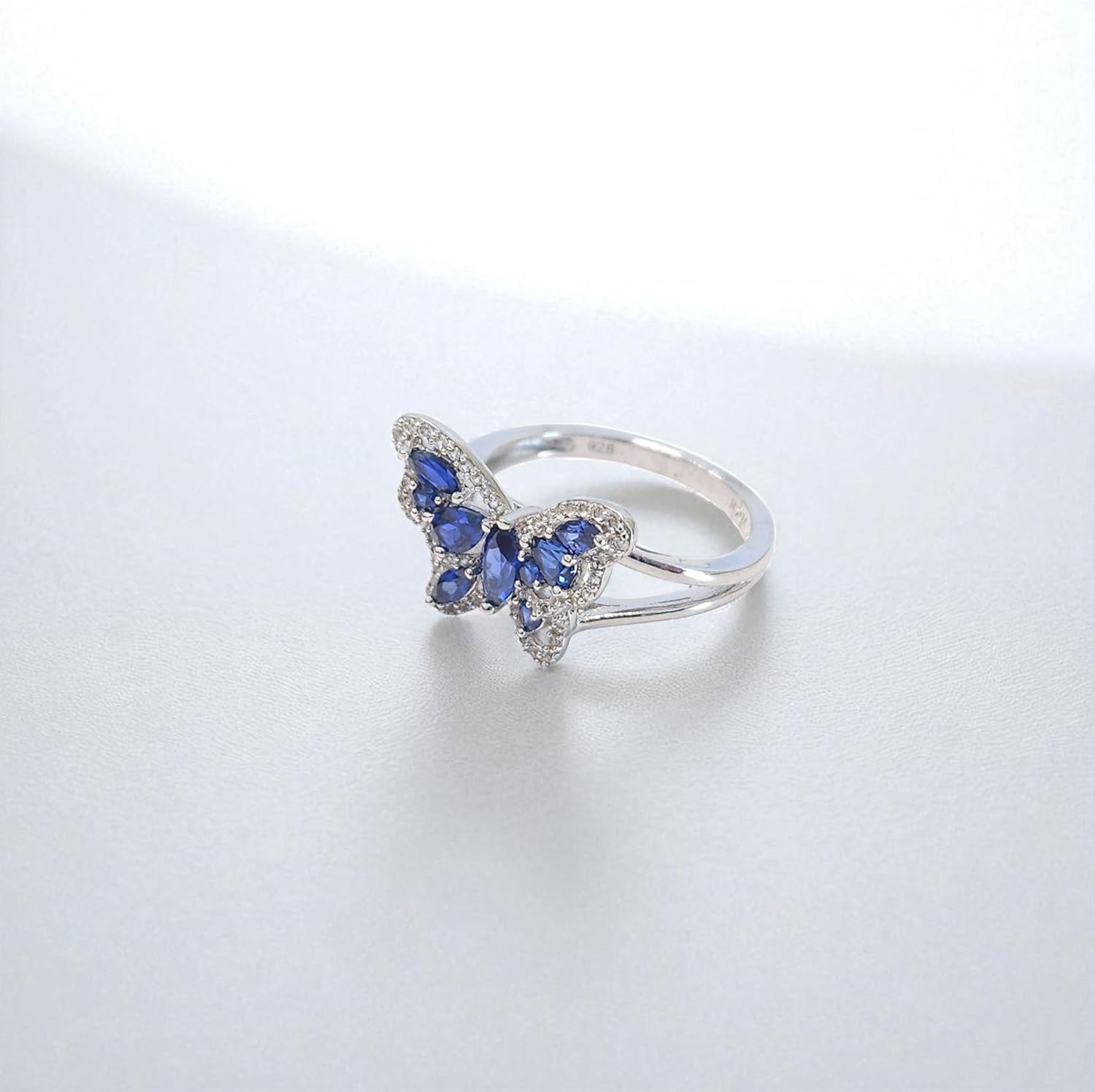 Sterling Silver Butterfly Ring for Women – Lab Created Blue & White Sapphire Gemstone Band – Nature Inspired September Birthstone Jewelry – Dainty Everyday Ring – Elegant Anniversary, Birthday or Fine Jewelry Gift