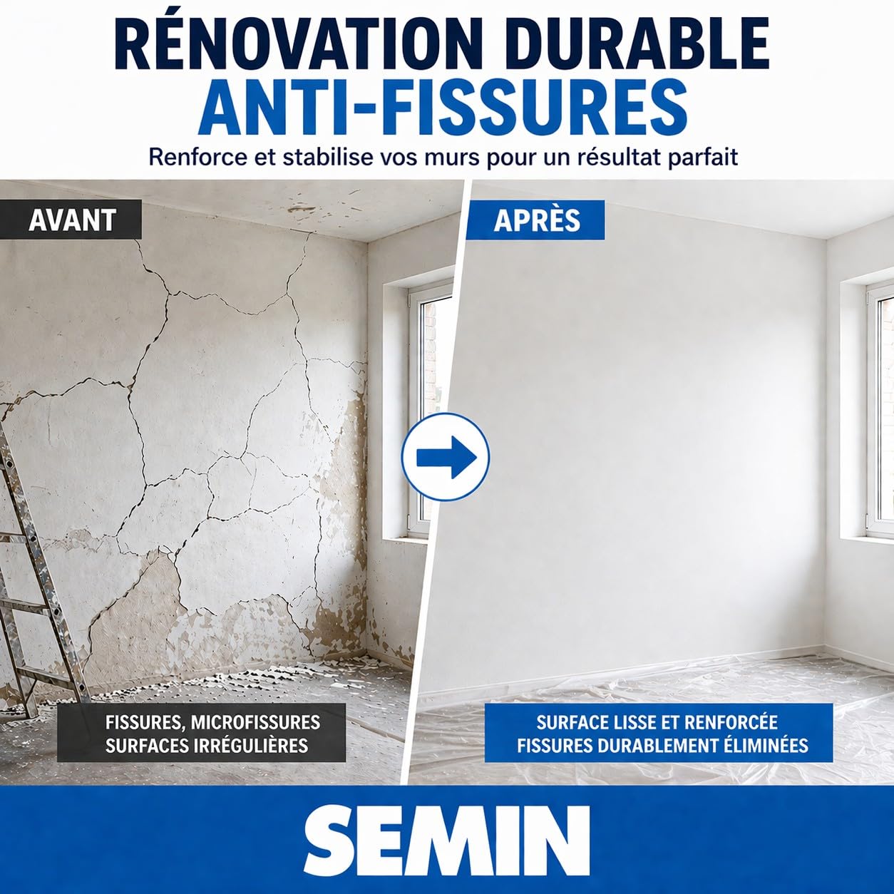 Semin FISS RENOV 95 g/m² – Tissu de Rénovation Mur & Plafond – Anti Fissures & Renfort Enduit – Fibre de Verre – Rouleau 50 x 1 m – Résistance Maximale