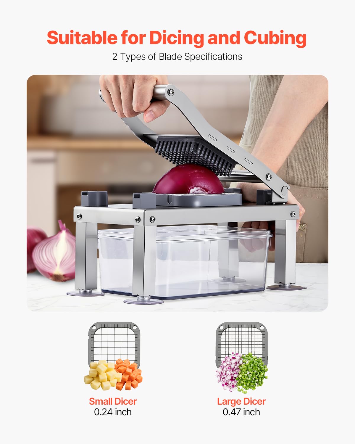 VEVOR Gemüseschneider, Mandolinenschneider, All-in-1-Gemüseschneider mit 8 Edelstahlklingen, Käsereibe, Zwiebel- & Kartoffelsalatschneider mit Behälter, Küchenhelfer & wichtige Haushaltsgeräte