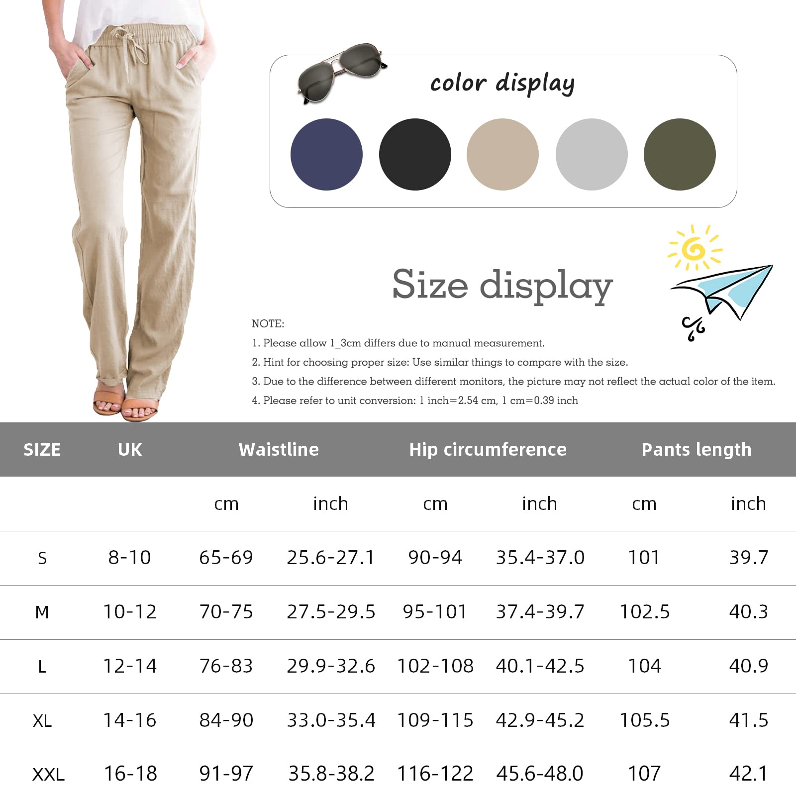 Yuson Girl Pantaloni Donna Tinta Unita Casual Pantaloni Elastico Pantaloni Leggeri Estivi Traight con Coulisse Pants Pantaloni in Cotone e Lino con Tasche