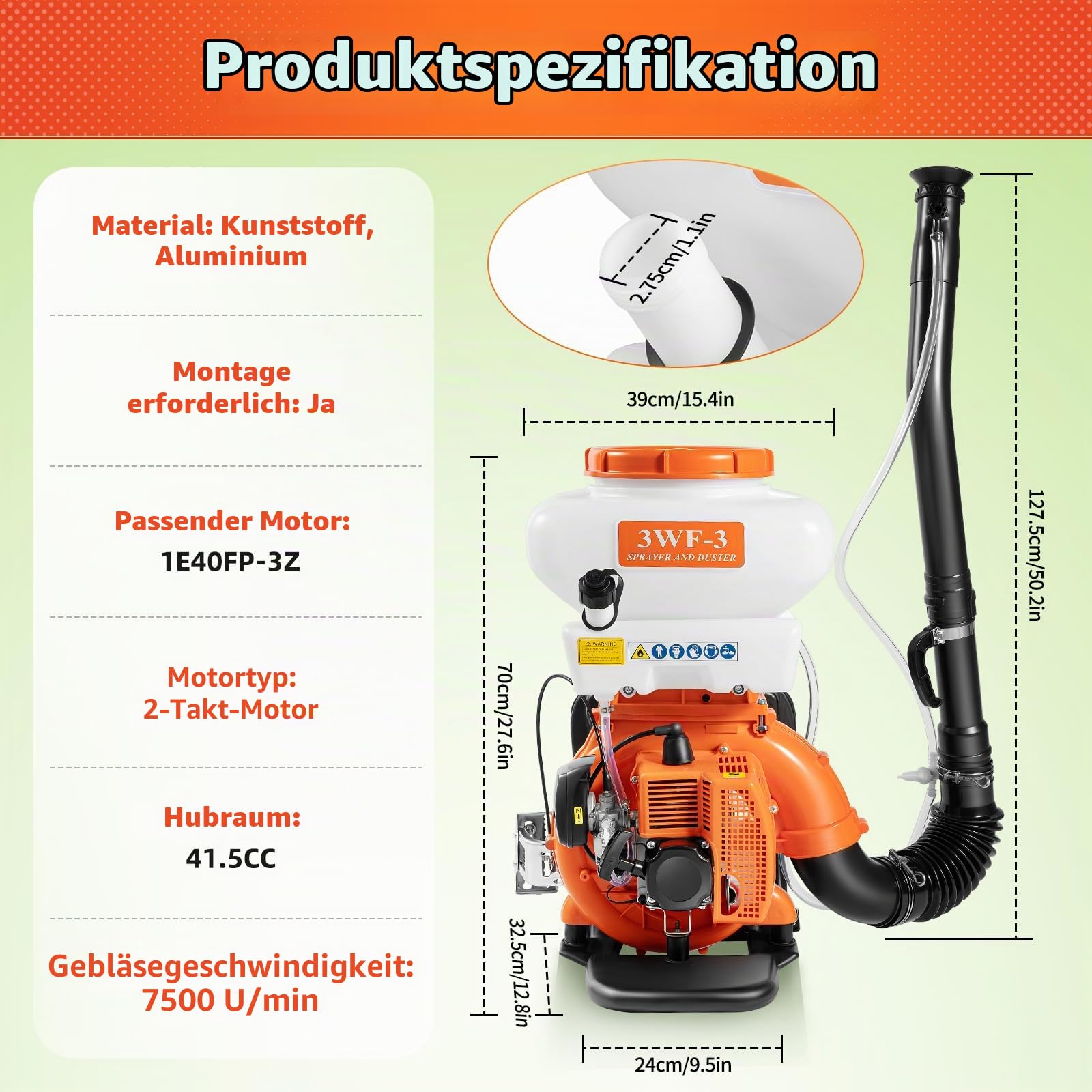 2-Takt Benzin Motorsprüher mit 14 L Wassertank, 41.5ccm Motorspritze Sprühgerät Rückensprüher Drucksprüher Garden Plant Sprayer, Über 12m Sprühbereich Düngerspritze Gartenspritze 3WF-3