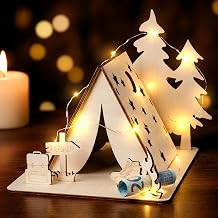 Geldgeschenk Camping Zelt, Originelles Geburtstag & Ruhestand Geschenk für Frauen & Männer, Holz Deko mit LED Lichterkette, Geldschein Verpackung mit Zellophanfolie & Schleife