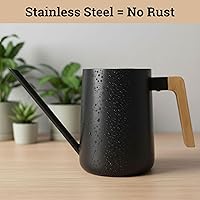 Vista 3 de Regadera pequeña de metal de 35 onzas para interior con boquilla larga y mango de madera real para plantas de casa, suculentas, cactus y plántulas