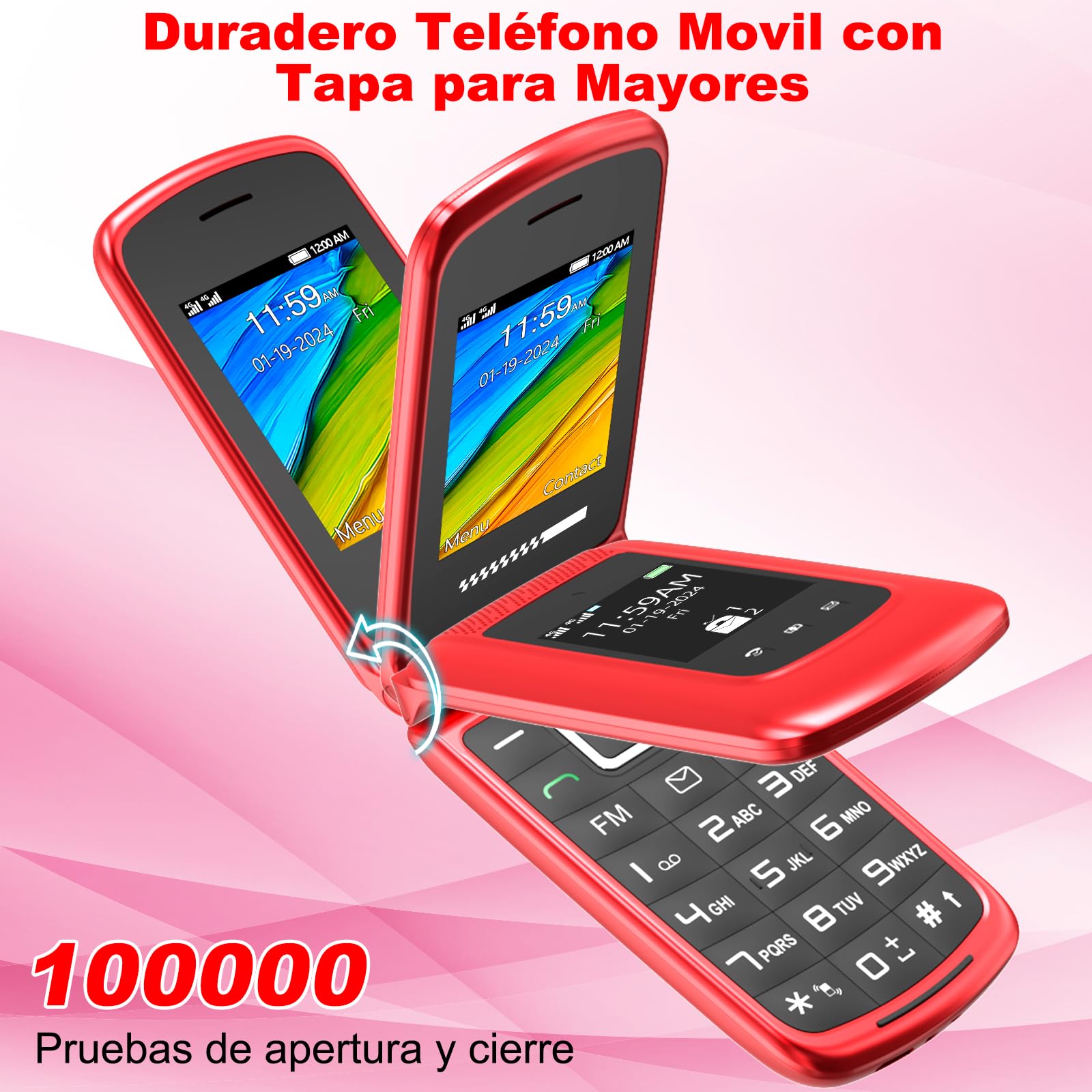 USHINING Teléfono Móvil 4G para Personas Mayores, Teléfono Móvil con Tapa Teclas Grandes Botón SOS Pantalla Doble de 2,4 y 1,77 Pulgadas Doble SIM USB-C Despertador Base de Carga, Fácil de Usar, Rojo