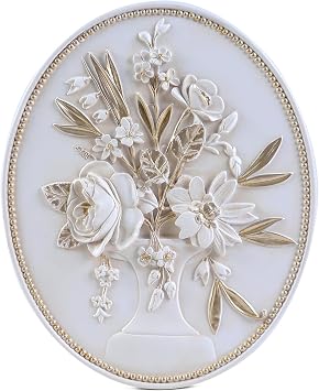SIKOO Vintage Wall Sculpture White Flower Wall Art Hand Painted Ornate Wall Decor Antique Pediment Wall Statue Ornament Decor Gallery for Kitchen Bedroom Living Room