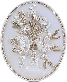SIKOO Vintage Wall Sculptures White Flower Wall Art Hand Painted Ornate Wall Hanging Decoration Antique Pediment Wall Statue Ornament Decor Gallery for Kitchen Bedroom Living Room