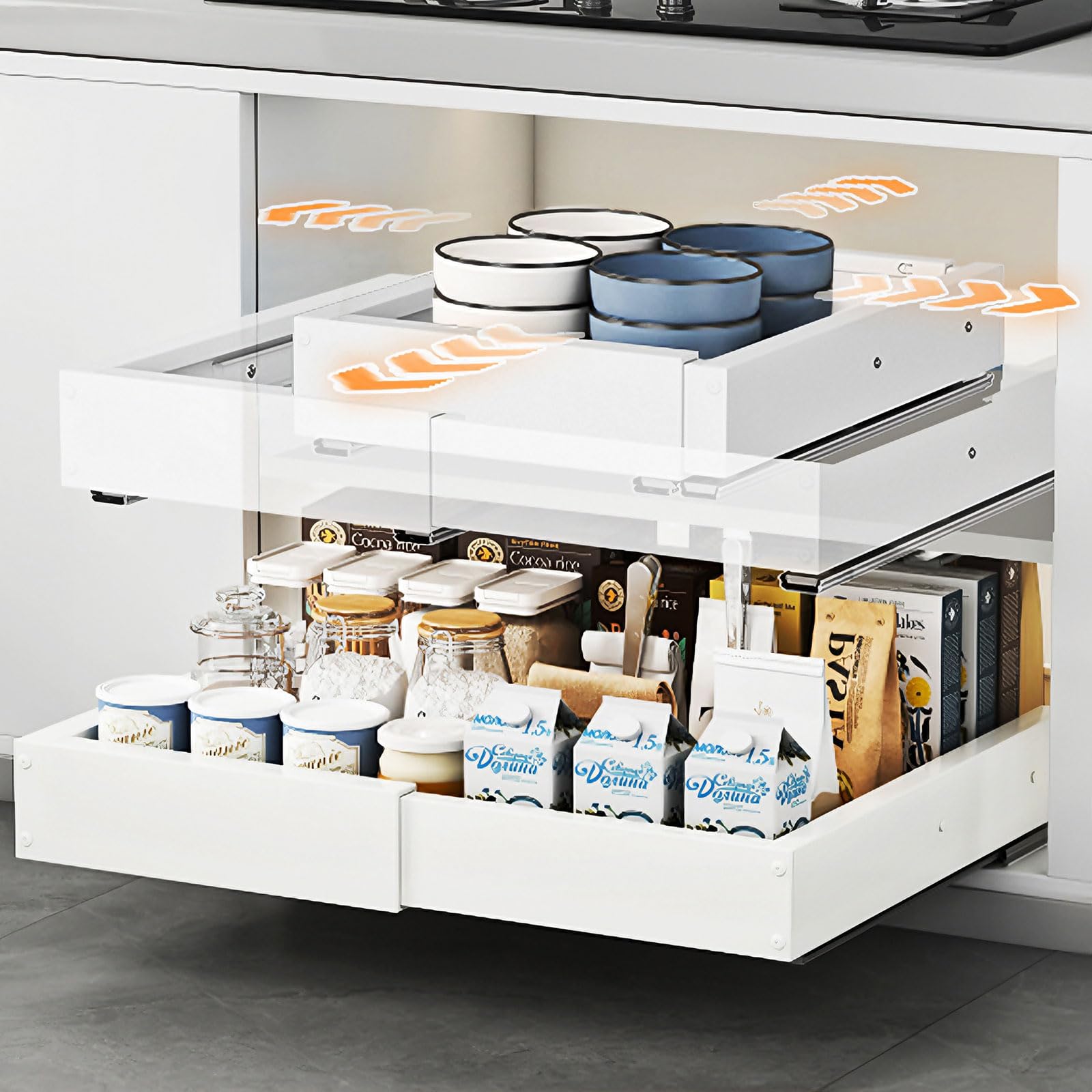 HONZUEN Teleskopschublade 50cm Tief, Ausziehbare Schublade Küche Verstellbar 41,5-55cm - Kein Bohren, Ausziehbarer Schrank Organizer mit Klebe- oder Schraubmontage für Unterschrank