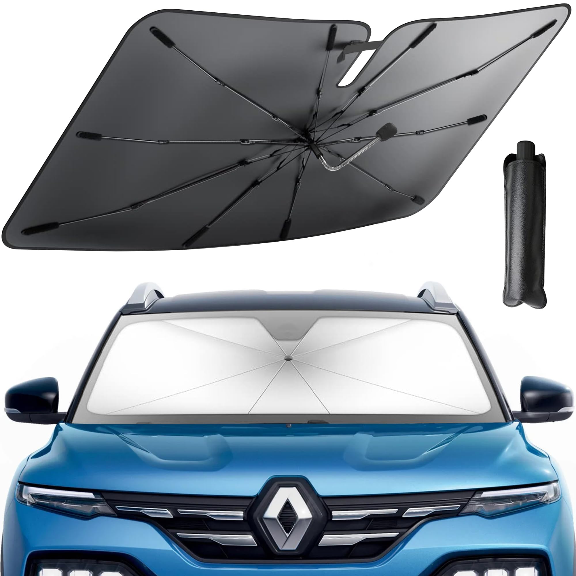 CaiTang Parasol Coche Delantero de 360°, 2024 New Parasol Coche Paraguas Plegable, Material Mejorado y Protección UV, para la Mayoría de los Coches, SUV y Camiones (140×76 cm)