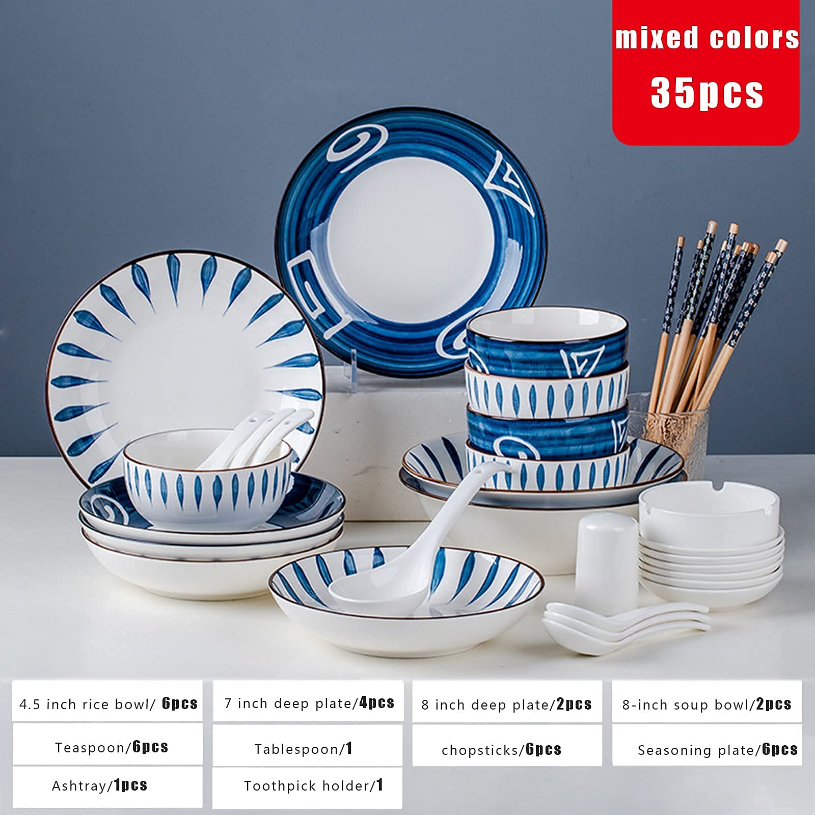 Klasyczny nowoczesny ceramiczny zestaw obiadowy dla 8-12 osób, klasyczny japoński styl, talerze i miski, kompletna porcelanowa zastawa stołowa, idealna do domu i kuchni (Oracle, 35 sztuk)