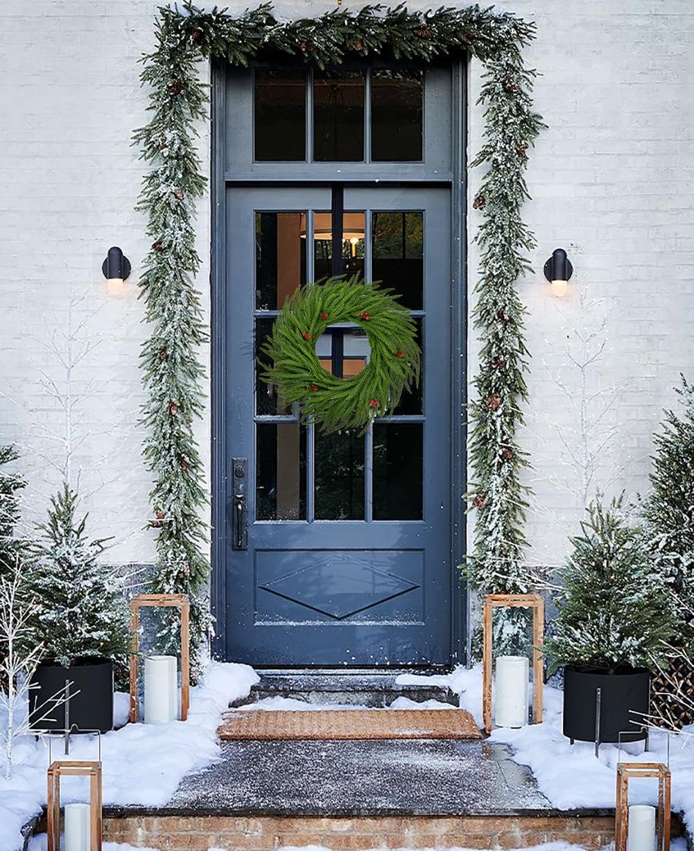 Hollyone 16" Real Touch Norfolk Pine Wreath for Front Door Small Artificial Winter Pine Plant with Red Berry Pinecone Greenery Christmas Wreath Window Walls Xmas Decor Indoor Outdoor Home Decoration - Image 5