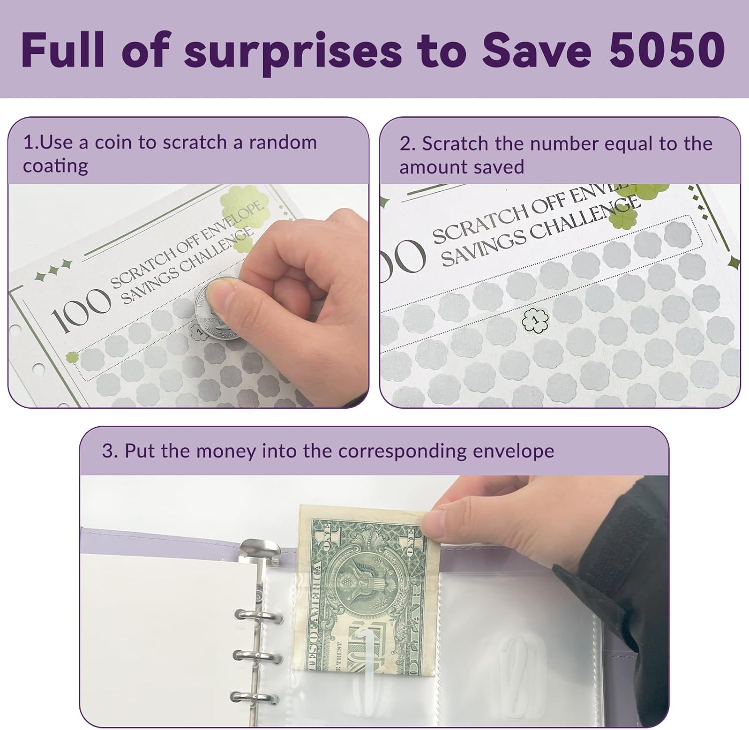 Daily Treasures 100 Envelopes Saving Challenge with Scratch Off Card, A5 Money Saving Folder Replacement Envelopes Numbers 1-100, Savings Challenge Binder for 100 Days to Save $5050
