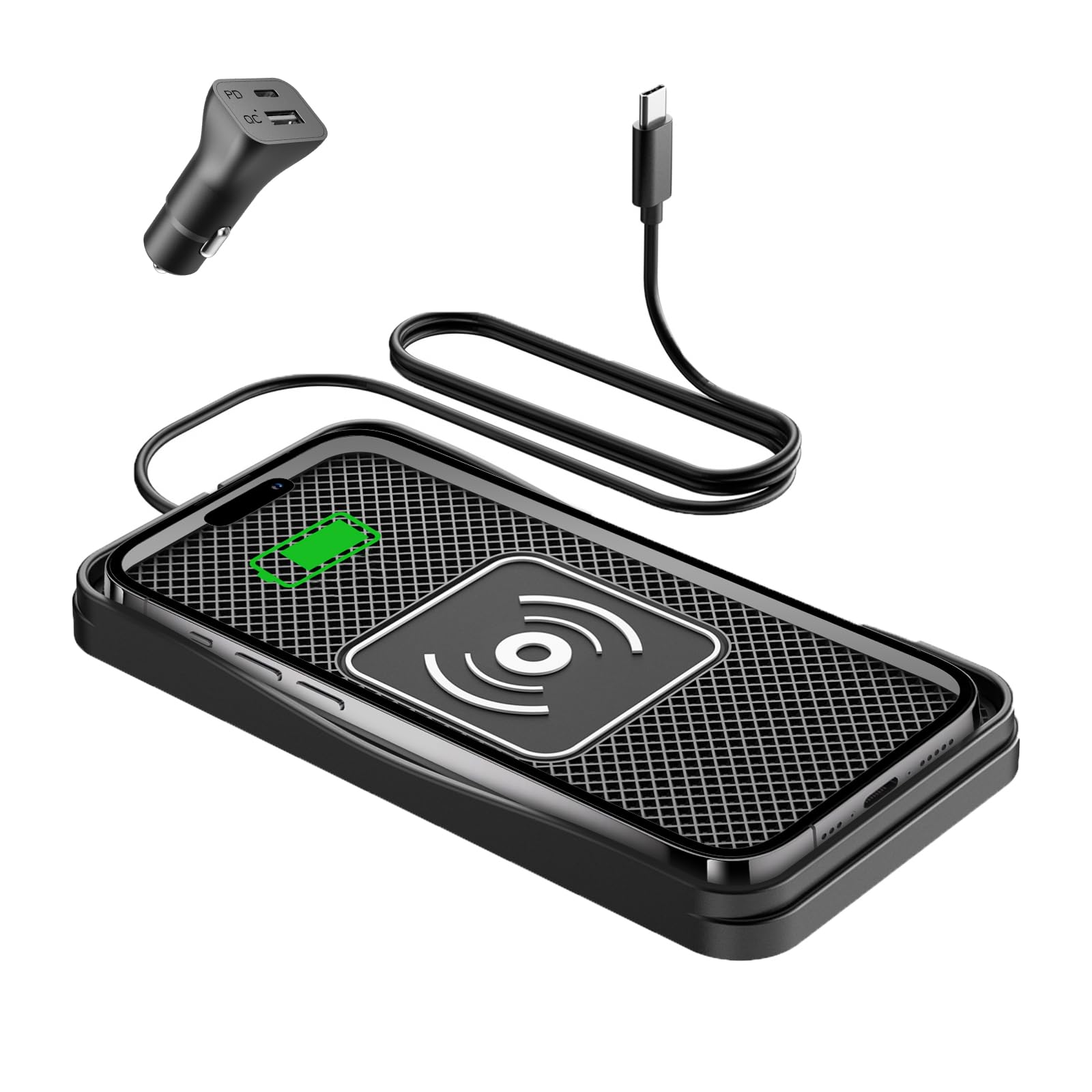 15W Fast Non-Slip Wireless Car Charger Pad with Adapter Type C