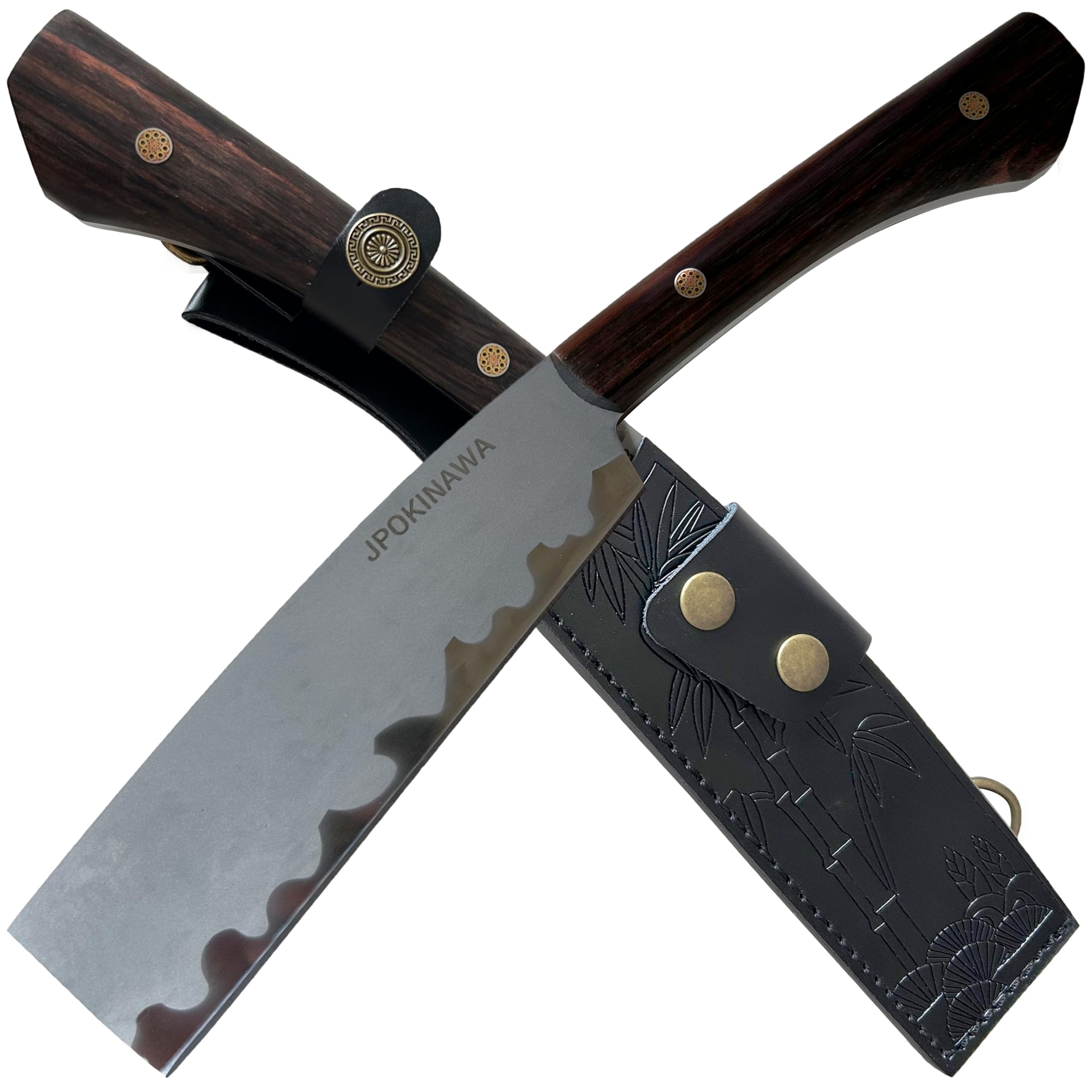 34,5cm【Handgefertigte Machete】 Japanische Tradition NATA, Klinge aus 60HRC Kohlenstoffstahl, Griff aus Ebenholz, mit Scheide aus Rindsleder