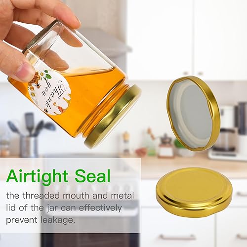 Miniatura 5 de BIGIVACA Mini tarros de miel de 6 onzas  Paquete de 30 tarros hexagonales de vidrio con varillas de madera, tapas doradas, colgantes de abeja,