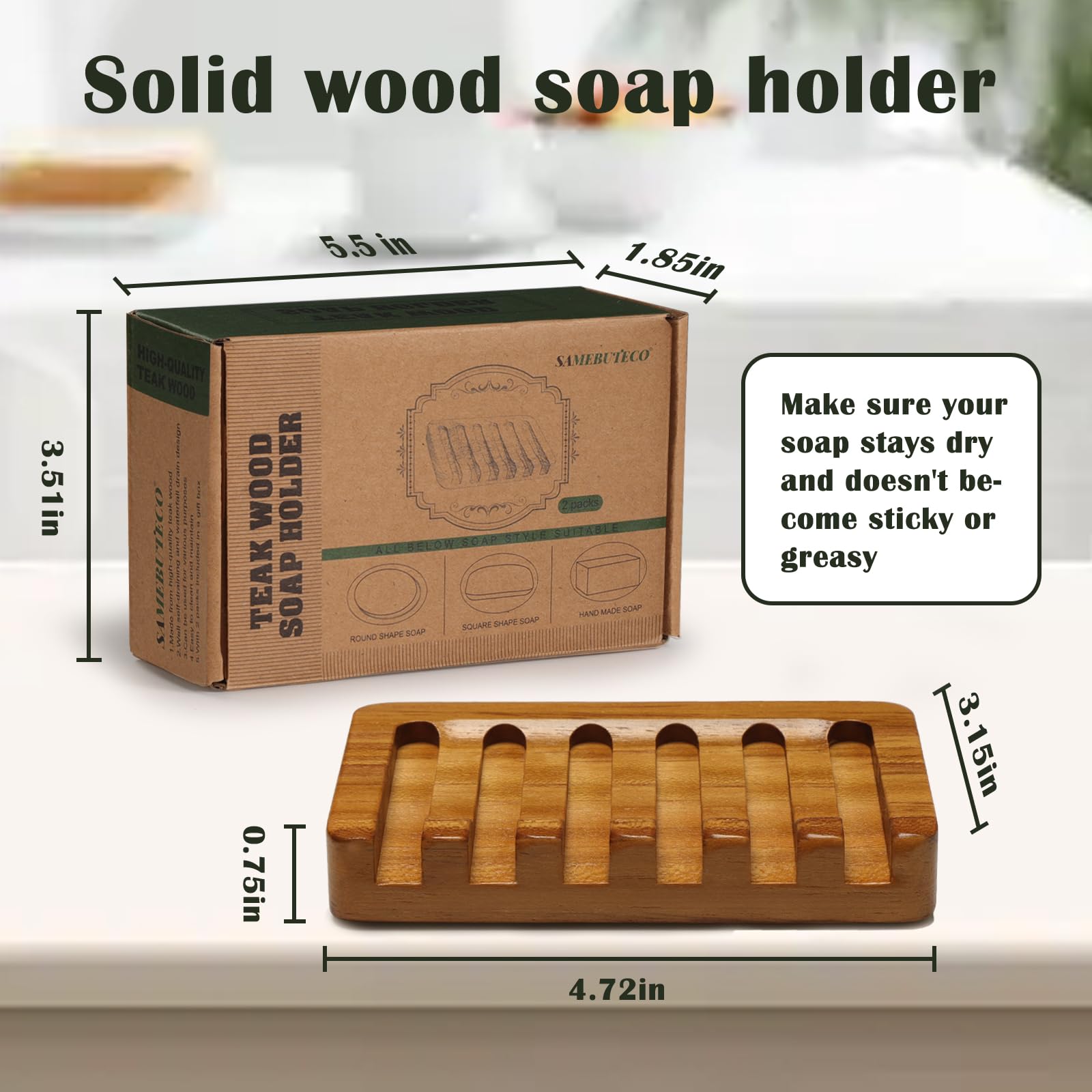Juego de 2 jaboneras de madera de teca con drenaje inclinado | Soporte para jabón de barra para ducha, fregadero de baño, cocina | Bandeja de madera natural para guardar jabón con ranuras 2