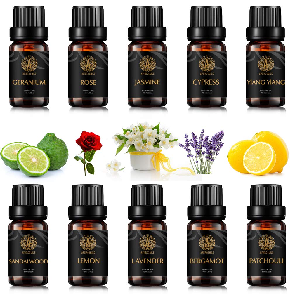 Aromatherapie Geranium ätherisches Öl Set für Diffusor, 100% pure Jasmin ätherisches Öl Kit für Luftbefeuchter, 10x10ml Zitrone ätherische Öle Set - Ylang Ylang, Patchouli Öle...