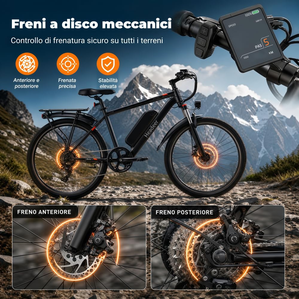 Bici Elettrica BK900 26" Mountain Adulti, Batteria Litio 48V 15Ah Rimovibile, Freni a disco meccanici, Forcella Ammortizzata, 5 Assistenze, Autonomia 90‑120km, Velocità 25km/h, Portapacchi Posteriore
