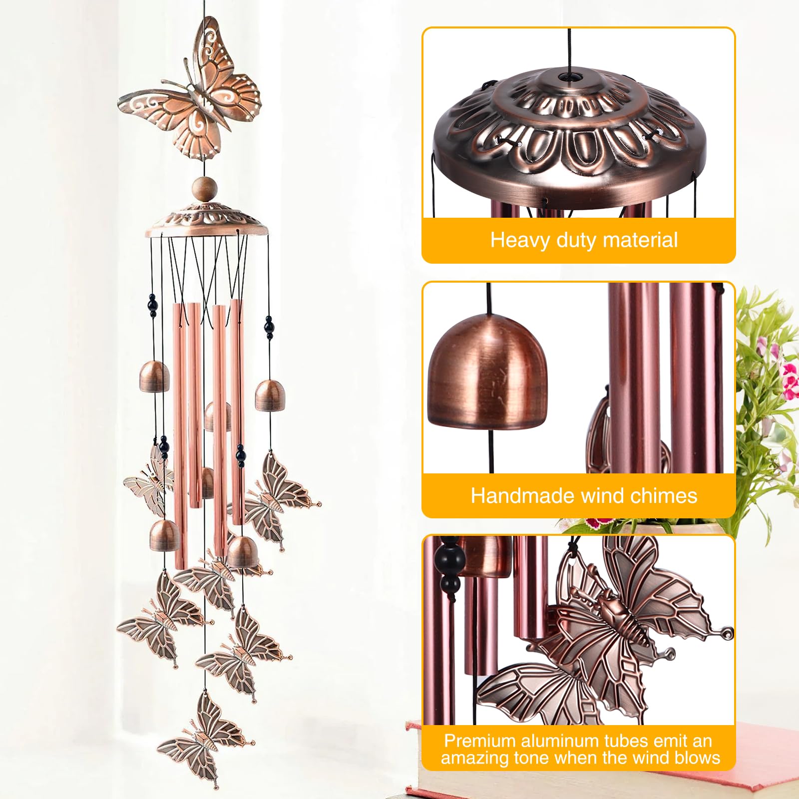 Wind Chimes, Butterflies Wind Chime Indoor Outdoor Butterflies Aluminum Tube Wind Chime with Hook - Image 3