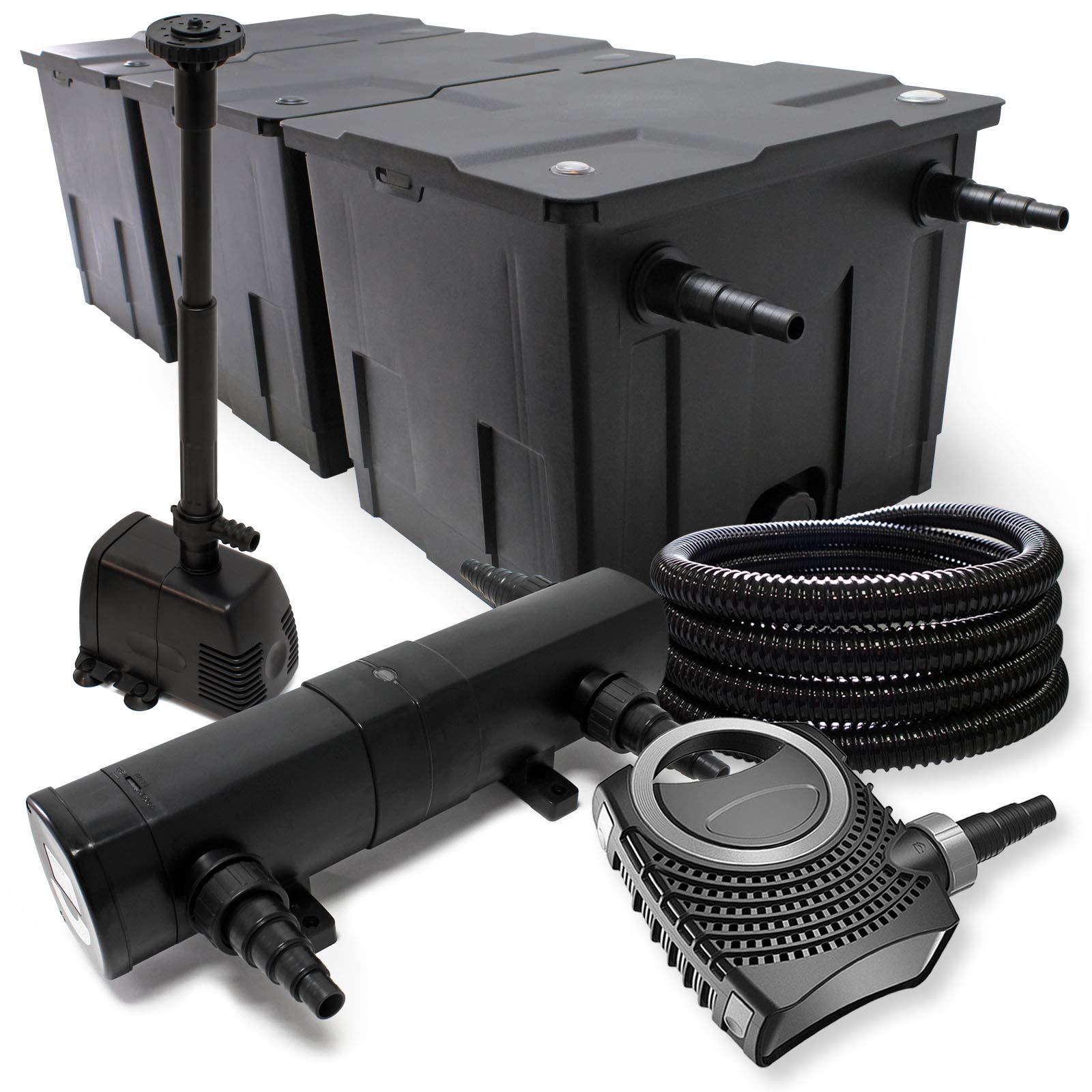 Wiltec Kit complet: CBF-350C Filtre de bassin jusqu'à 90000 L, NEO10000 pompe de filtration 10000l/h 80W, CUV-224 lampe uv 24W, 25m Tuyau 25 mm, HJ-943 fontaine 800l/h 16W