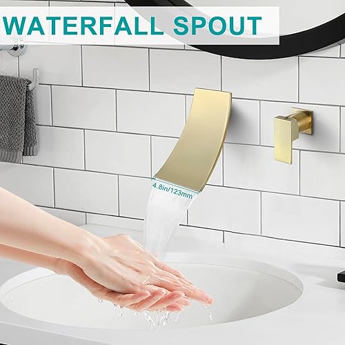 Miniatura 5 de SKOWLL Grifo de fregadero de baño de montaje en pared de una sola manija, juego de grifo moderno de cascada de oro cepillado, boquilla de cascada