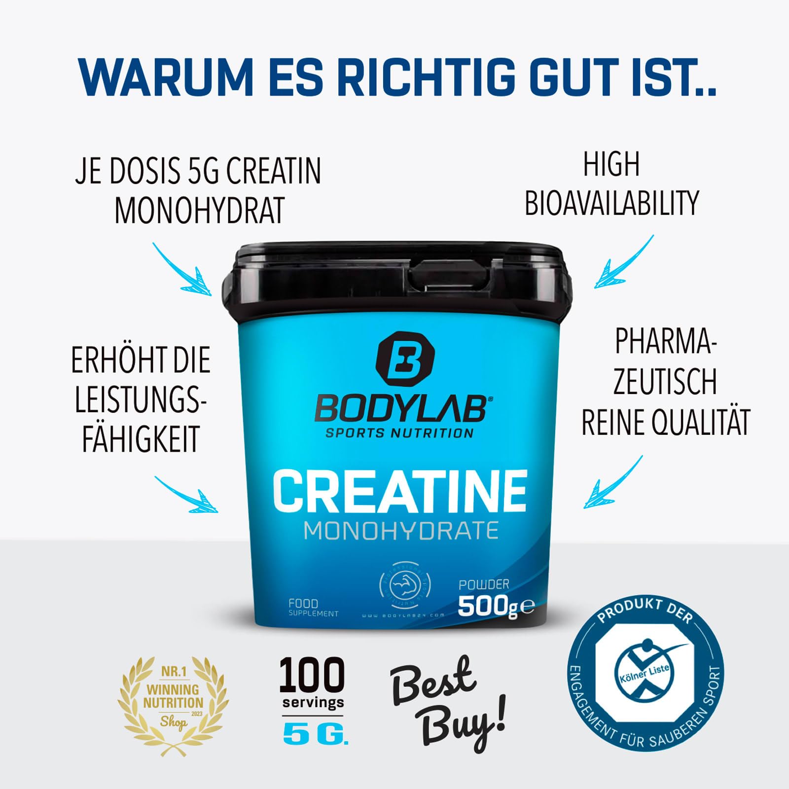 Bodylab24 Megadeal Basic Aufbau, Whey Protein Cookies & Cream, Creatine Monohydrate + Shaker für Kraftsport und Fitness, kann den Aufbau und Erhalt von Muskelmasse unterstützen