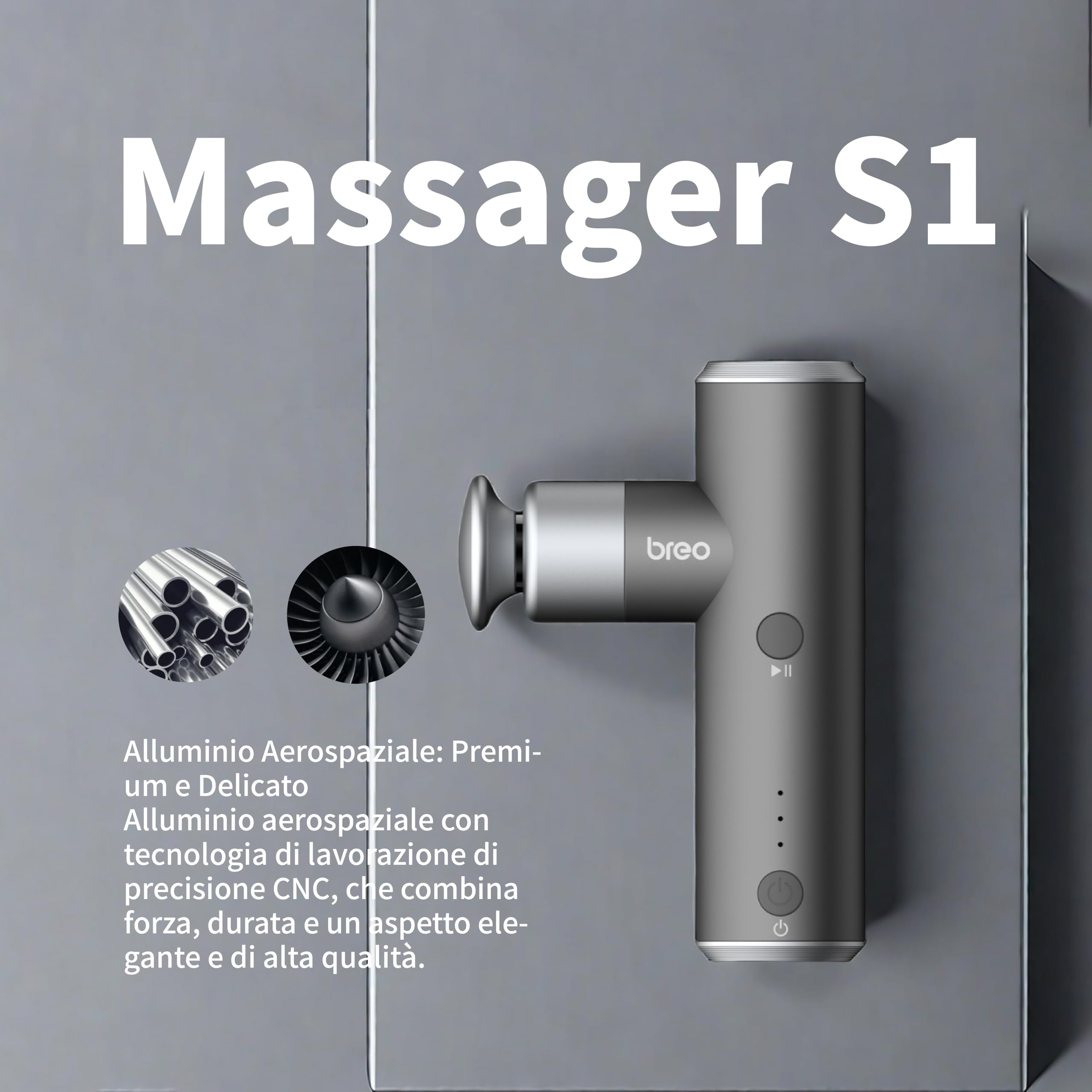 Breo S1 mini Pistola Massaggio Percussivo Muscolare, Grigio Scuro | 4 livelli di intensità, 3 testine massaggianti rimovibili, potente e silenzioso, compatto per casa, ufficio e sport