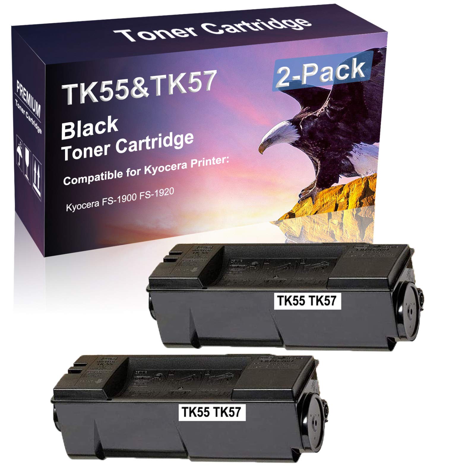 2-Pack Compatible High Yield FS-1900 FS-1920 Black Toner Cartridge Replacement for Kyocera TK55 TK-55 | TK57 TK-57 Toner Cartridge (Black)